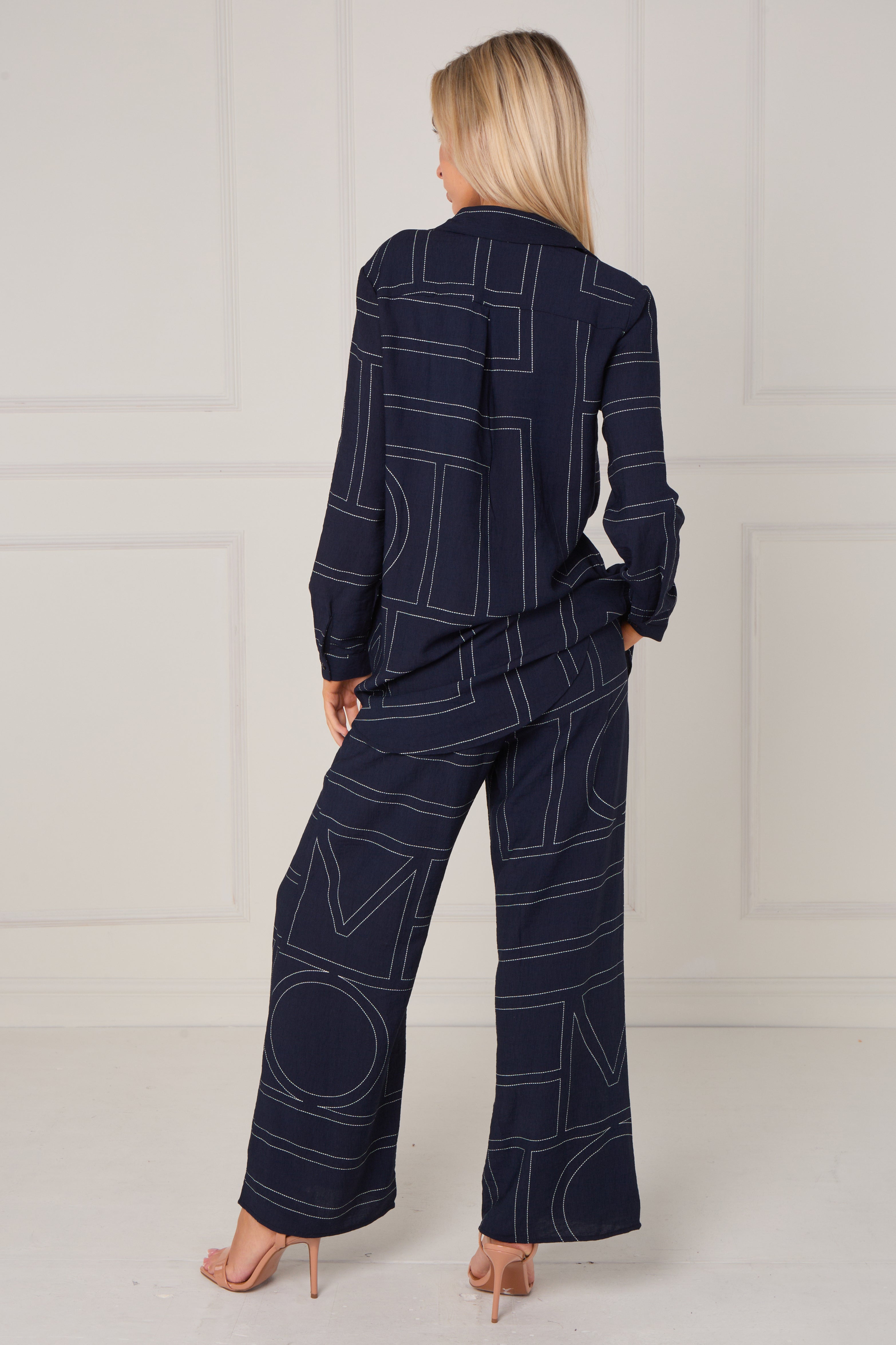 8Pcs Navy Geometric Line Print Wide-Leg Co-ord