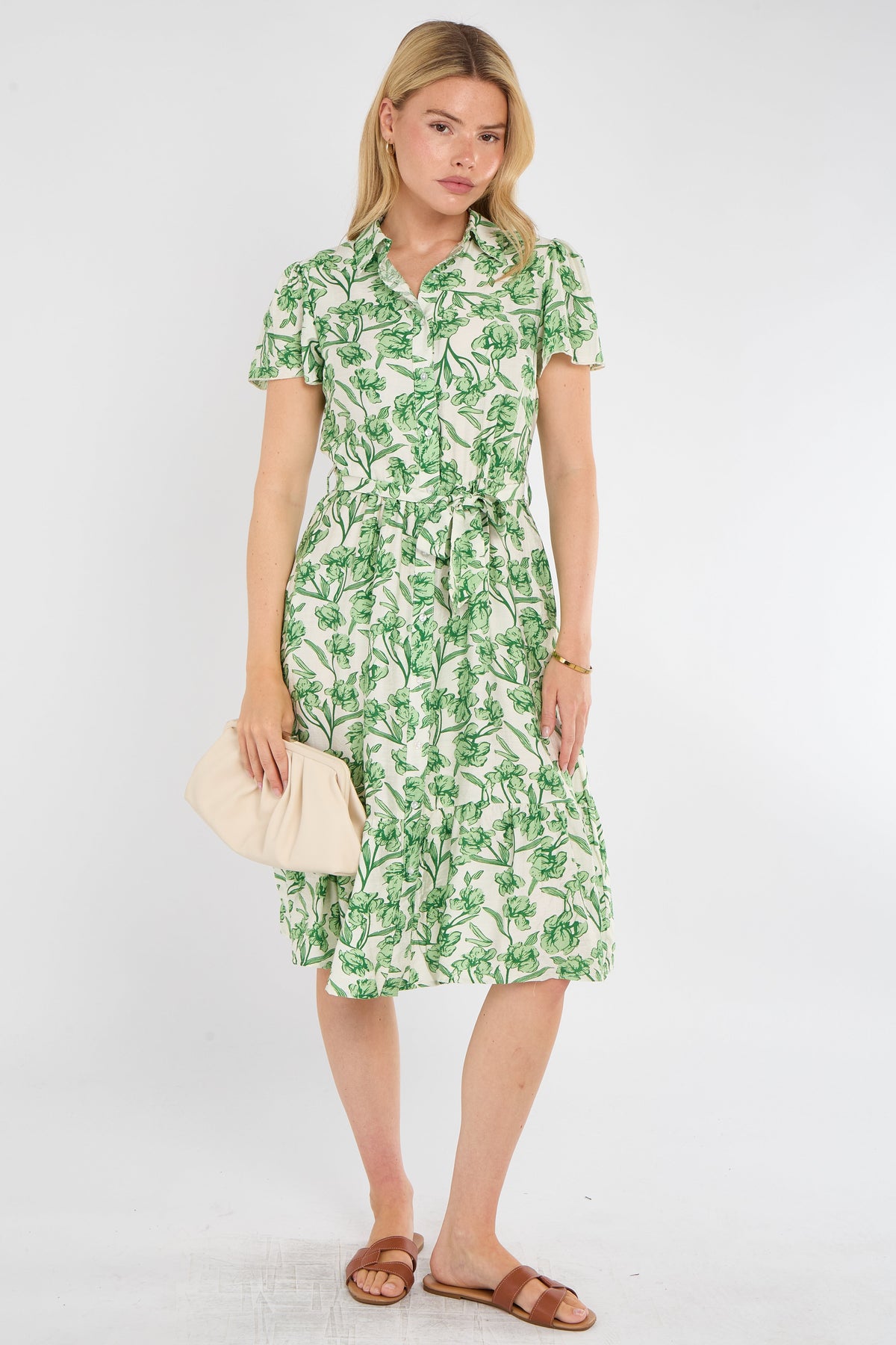 8Pcs Fresh Green Floral Print Midi Shirt Dress