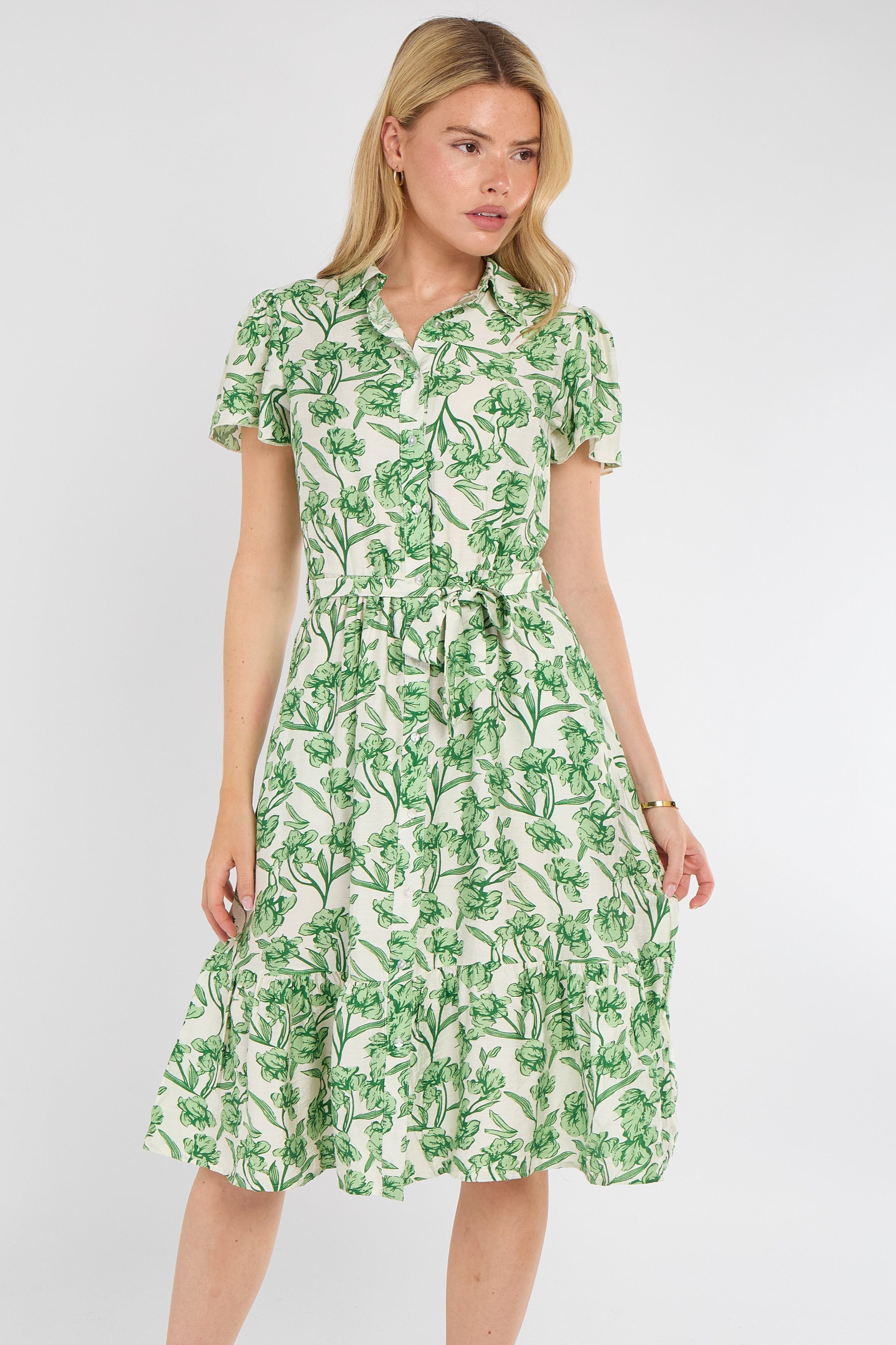 8Pcs Fresh Green Floral Print Midi Shirt Dress