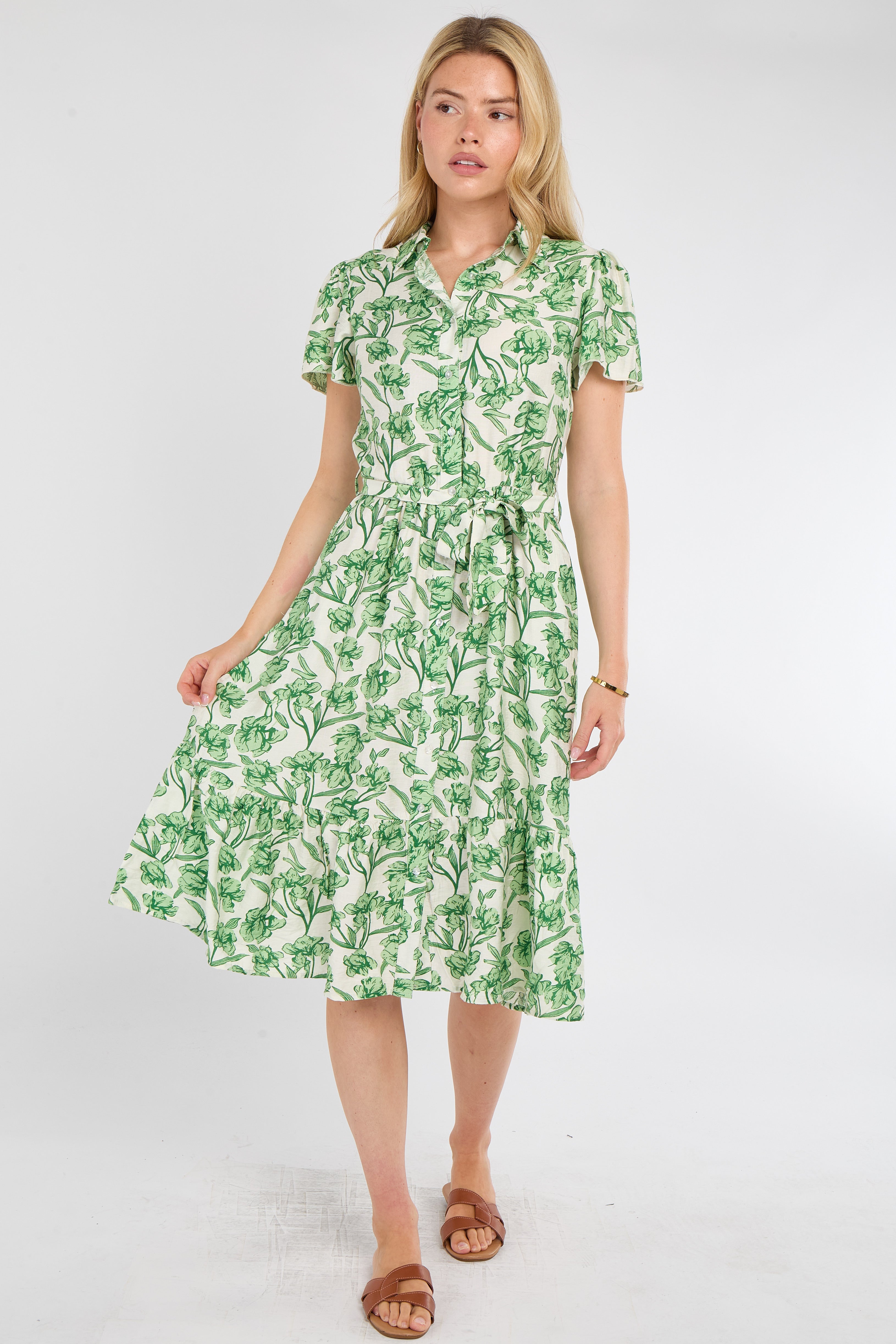 8Pcs Fresh Green Floral Print Midi Shirt Dress