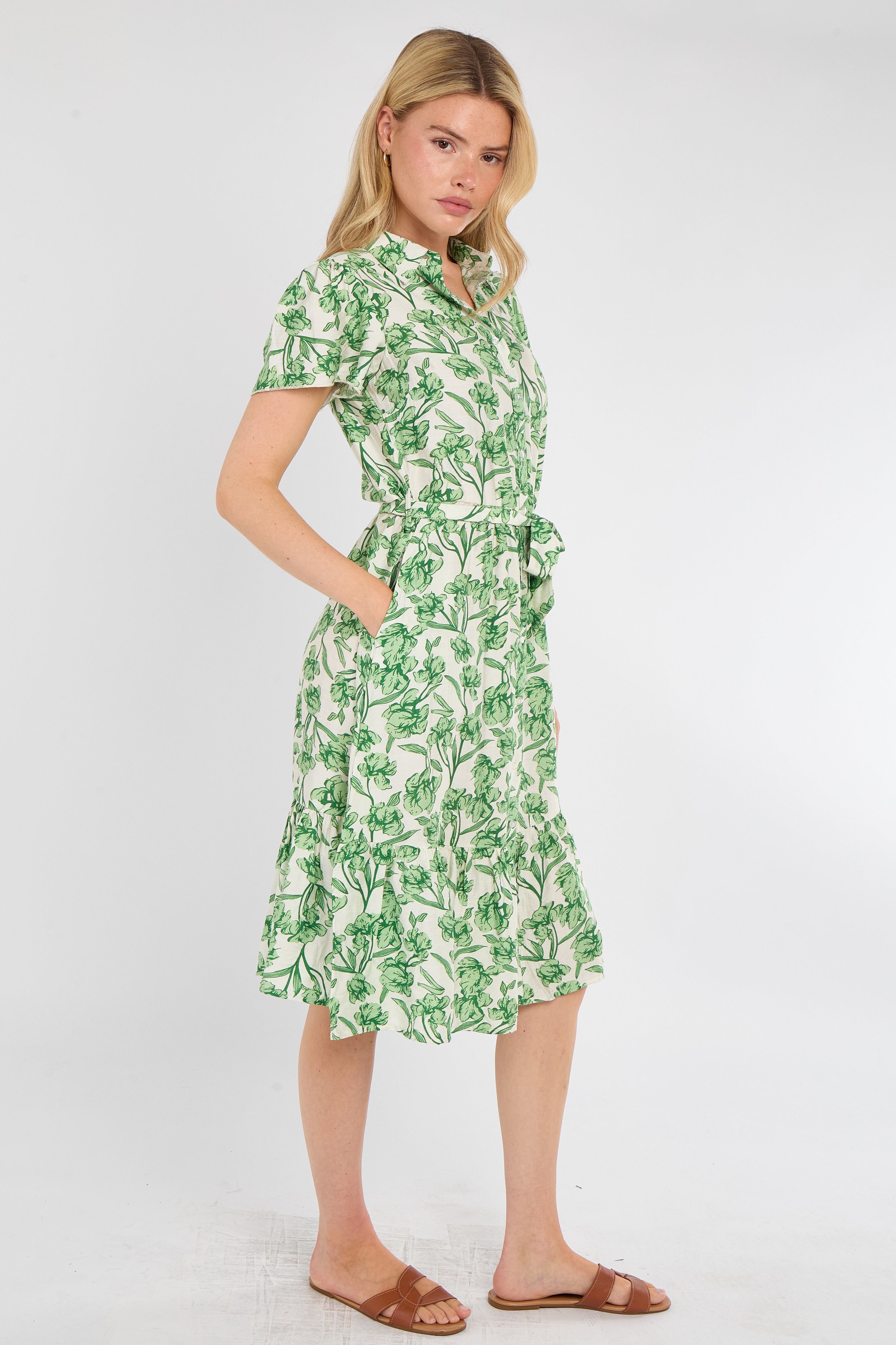 8Pcs Fresh Green Floral Print Midi Shirt Dress