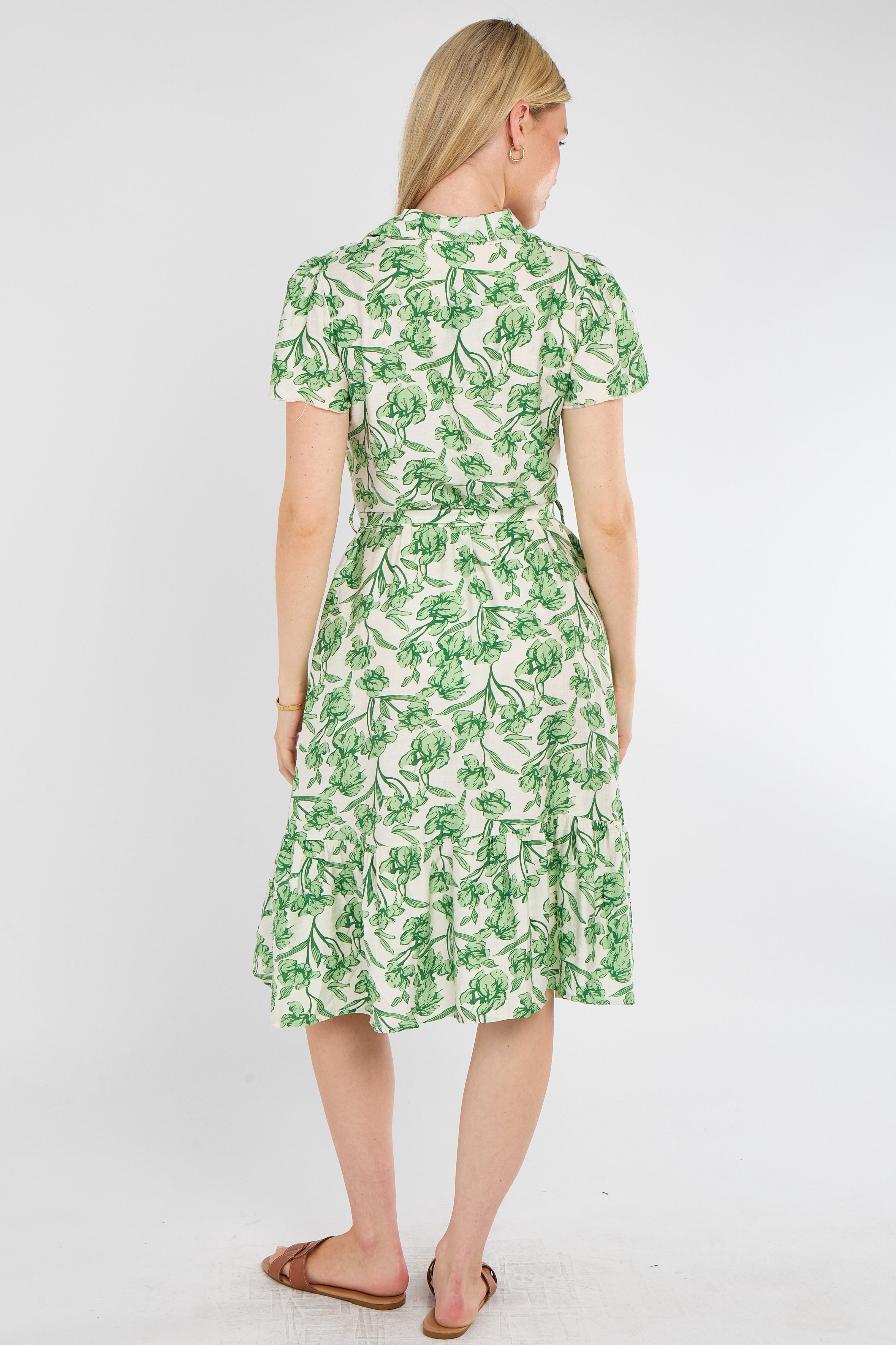 8Pcs Fresh Green Floral Print Midi Shirt Dress