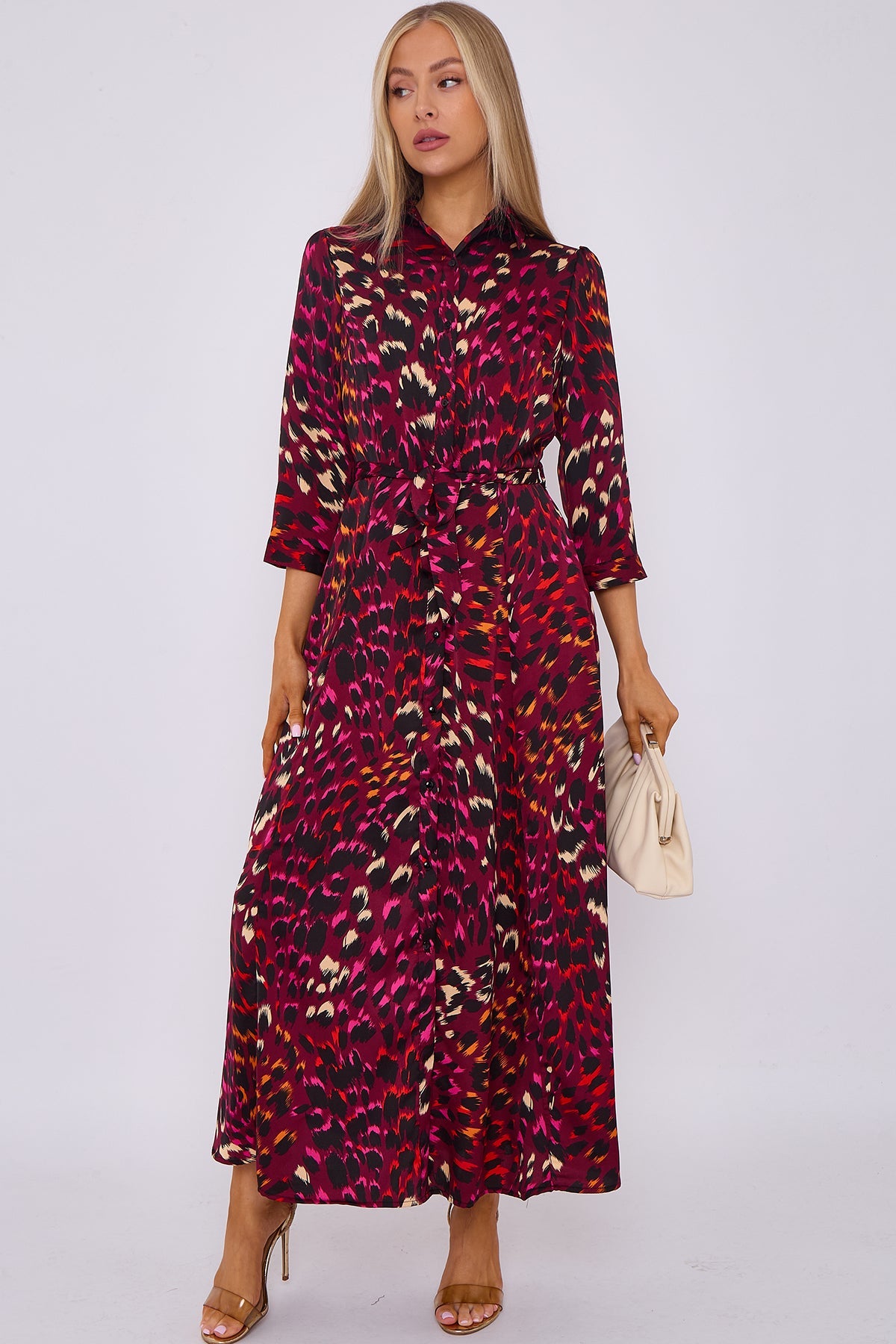 8Pcs Deep Fuchsia Leopard Print Satin Maxi Shirt Dress