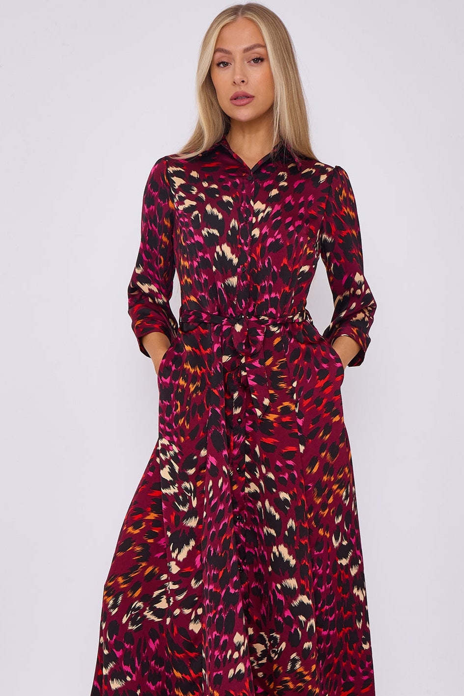 8Pcs Deep Fuchsia Leopard Print Satin Maxi Shirt Dress