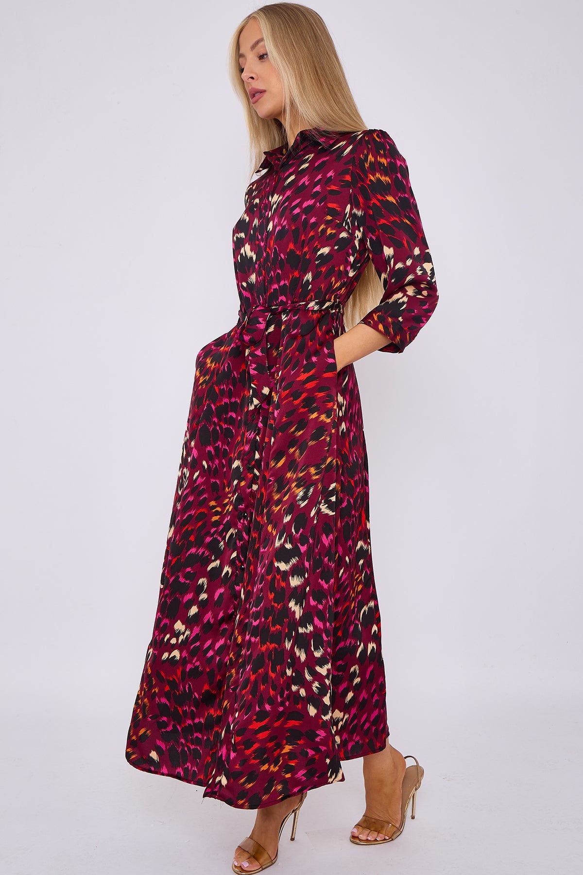 8Pcs Deep Fuchsia Leopard Print Satin Maxi Shirt Dress