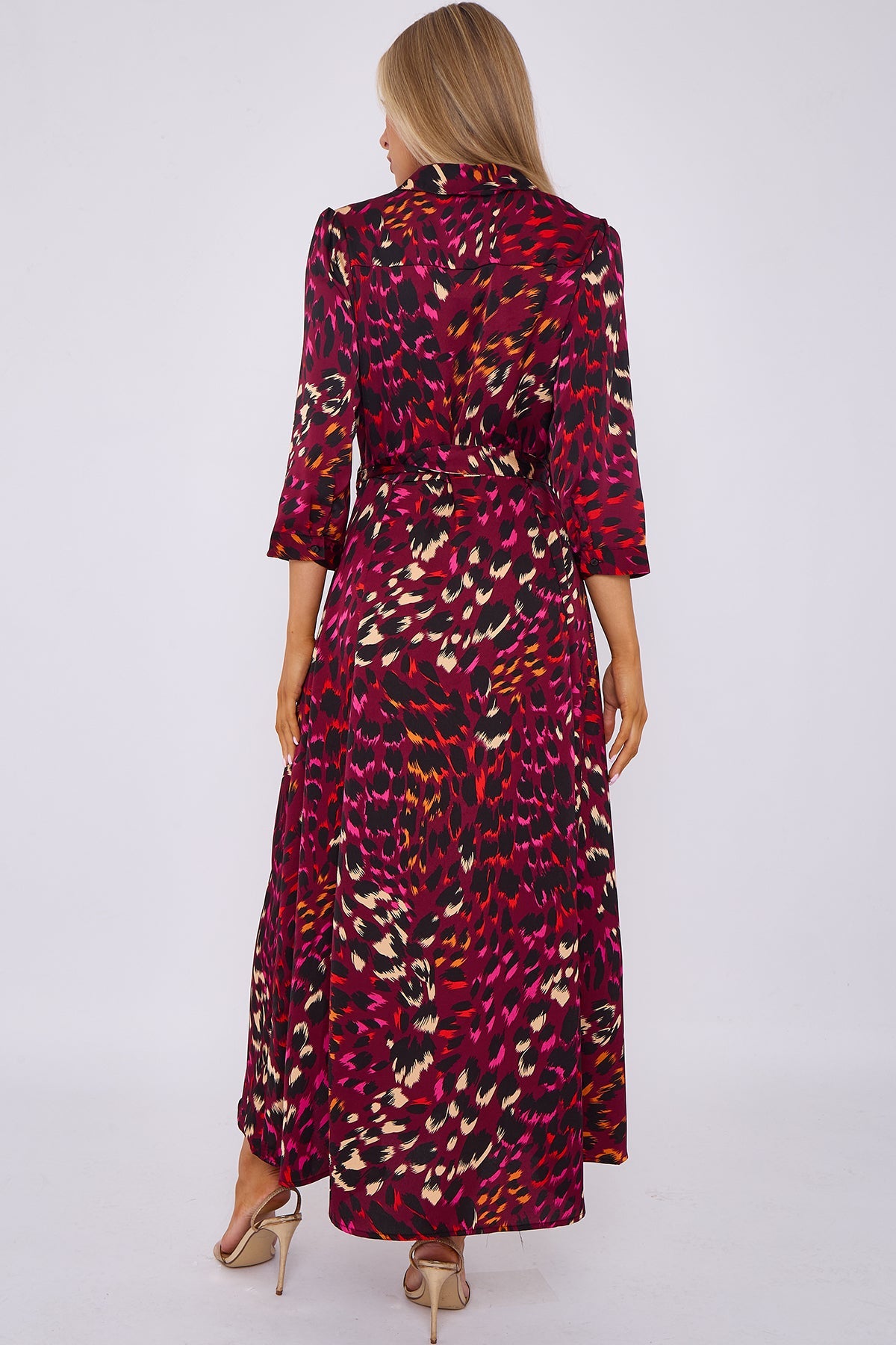 8Pcs Deep Fuchsia Leopard Print Satin Maxi Shirt Dress