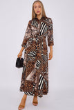 8Pcs Mixed Brown Leopard Print Satin Maxi Shirt Dress