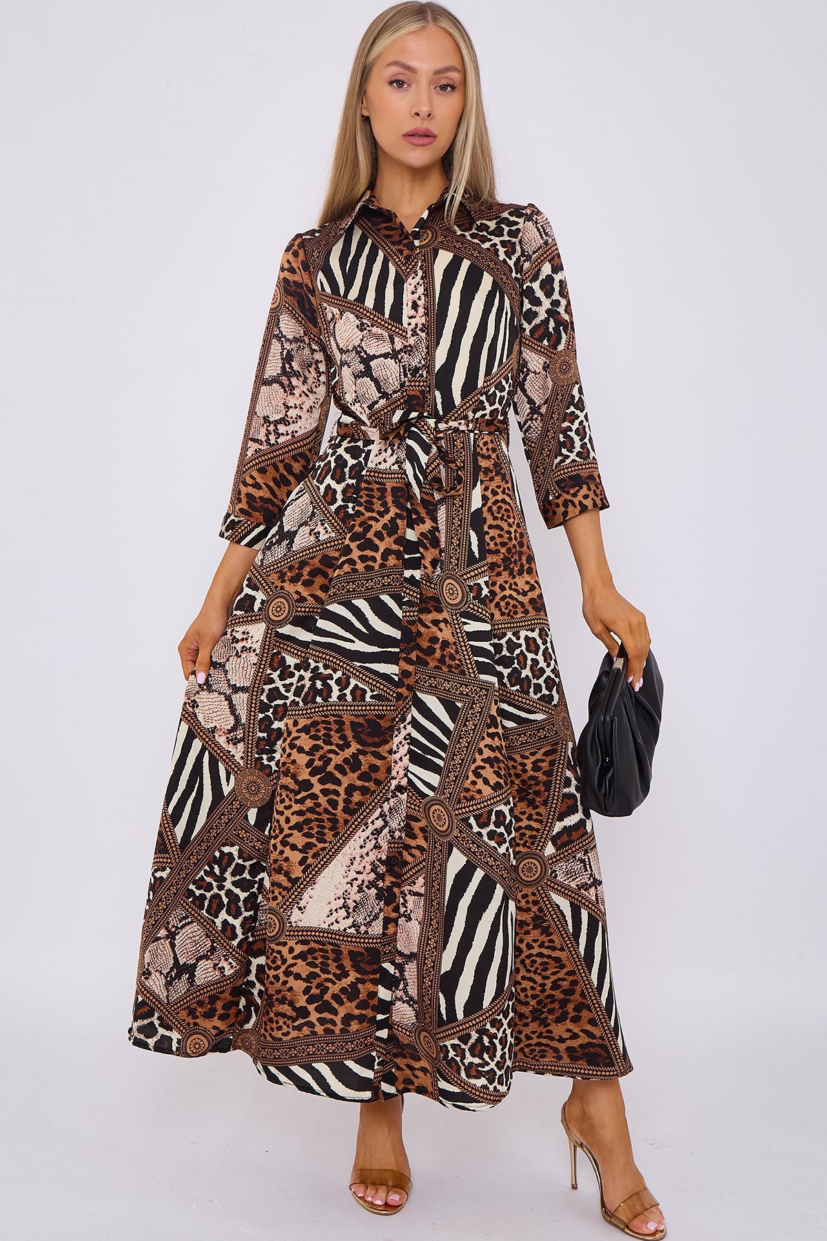 8Pcs Mixed Brown Leopard Print Satin Maxi Shirt Dress