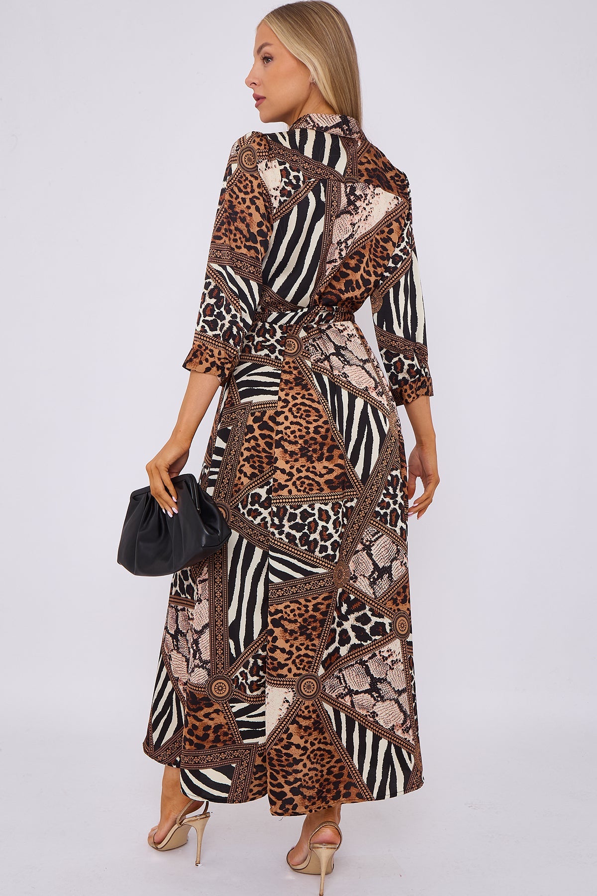 8Pcs Mixed Brown Leopard Print Satin Maxi Shirt Dress
