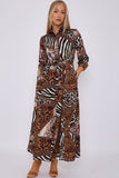 8Pcs Mixed Brown Leopard Print Satin Maxi Shirt Dress