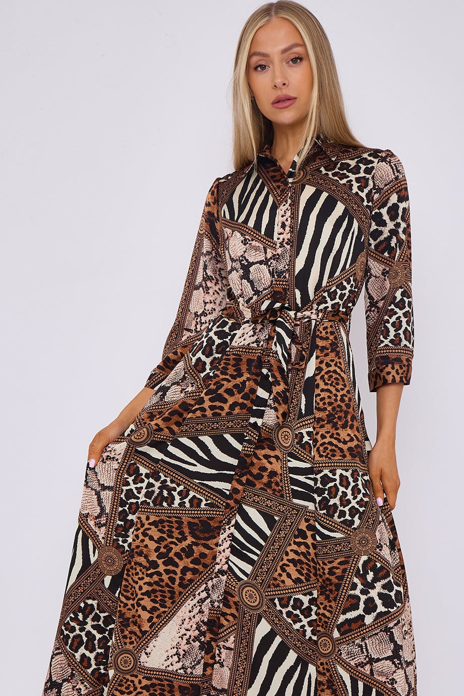8Pcs Mixed Brown Leopard Print Satin Maxi Shirt Dress