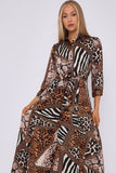 8Pcs Mixed Brown Leopard Print Satin Maxi Shirt Dress
