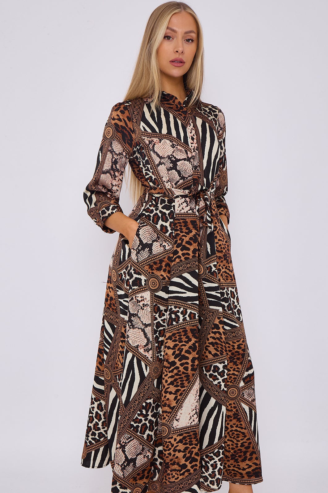 8Pcs Mixed Brown Leopard Print Satin Maxi Shirt Dress