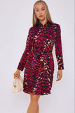 8Pcs Deep Fuchsia Leopard Print Bubble Satin Mini Shirt Dress