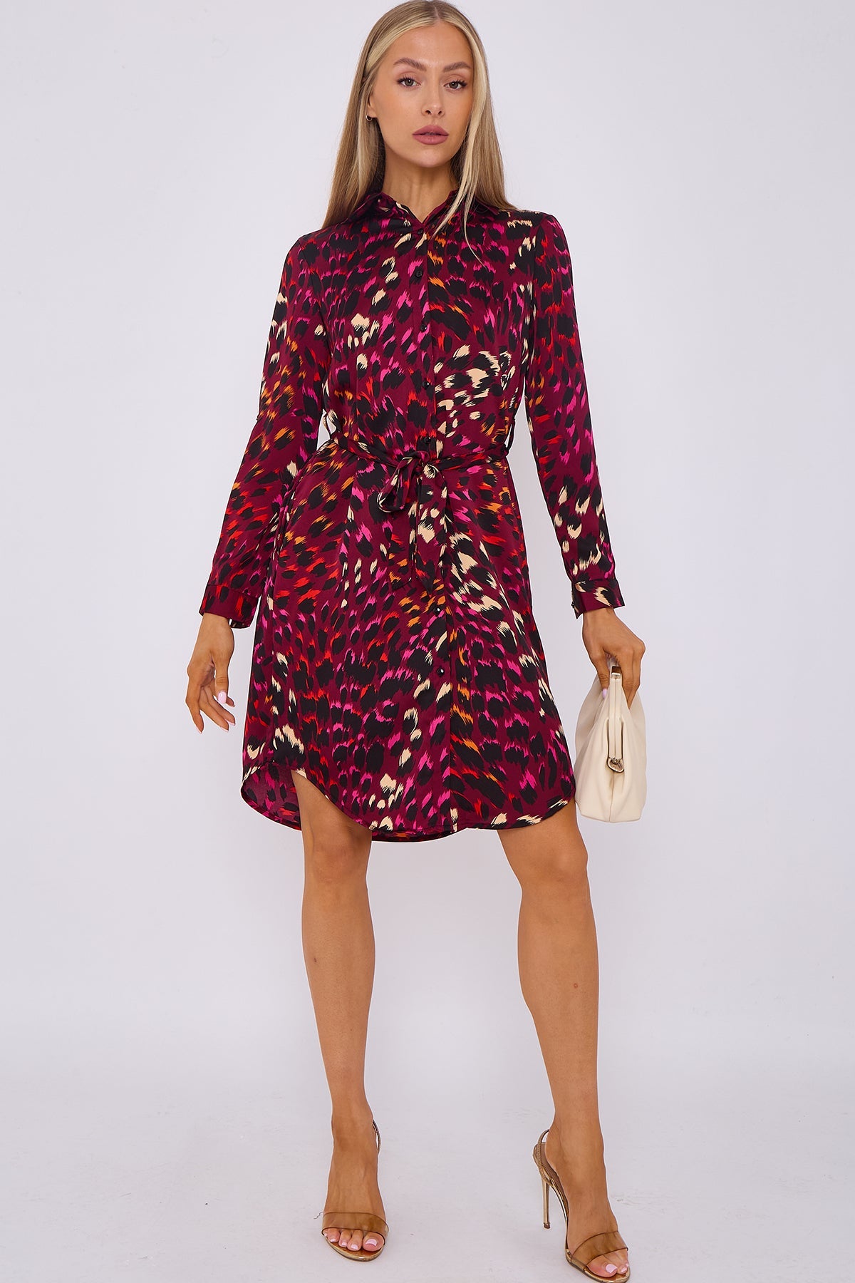 8Pcs Deep Fuchsia Leopard Print Bubble Satin Mini Shirt Dress