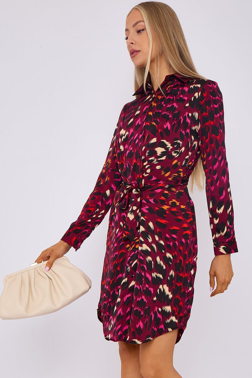 8Pcs Deep Fuchsia Leopard Print Bubble Satin Mini Shirt Dress