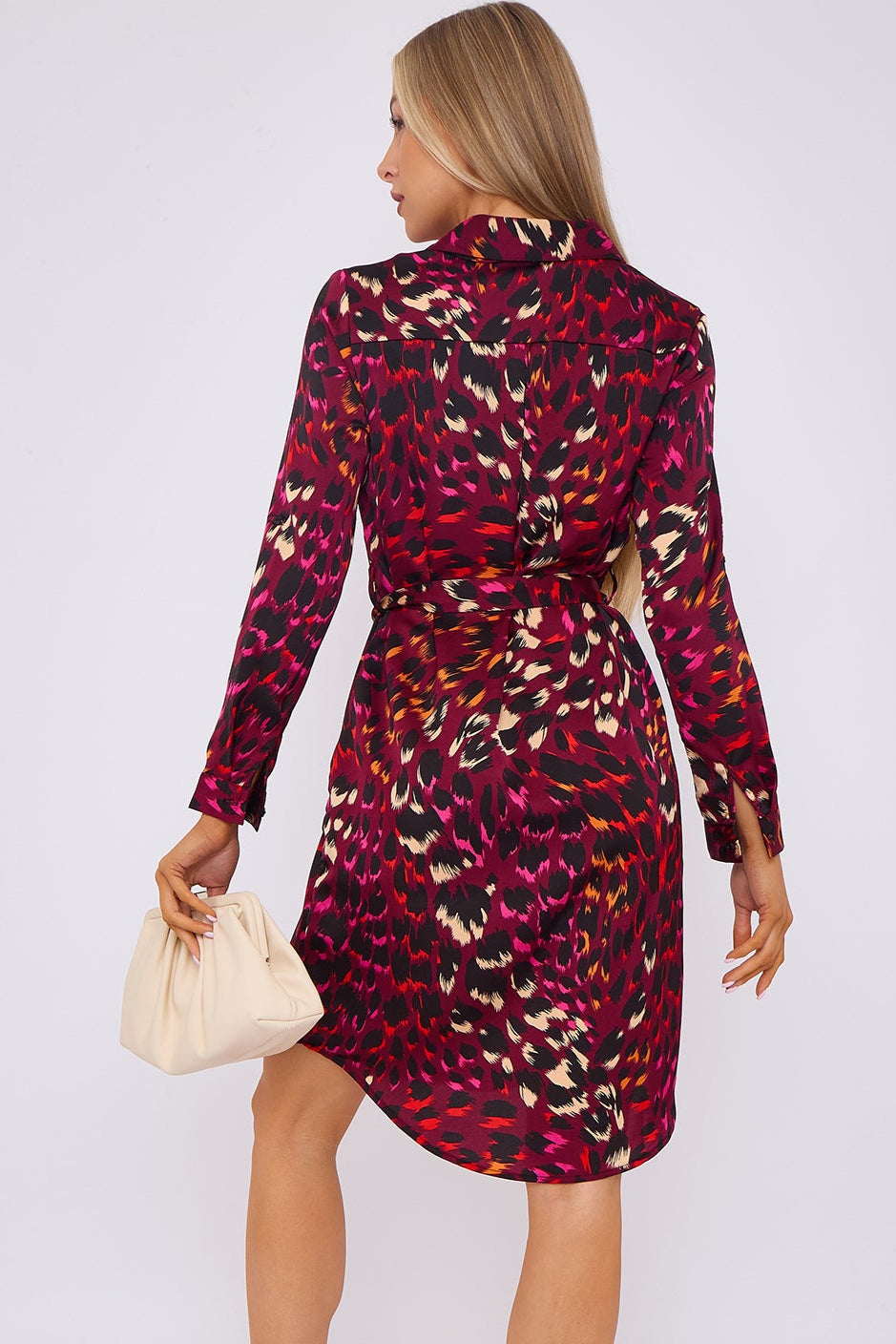 8Pcs Deep Fuchsia Leopard Print Bubble Satin Mini Shirt Dress