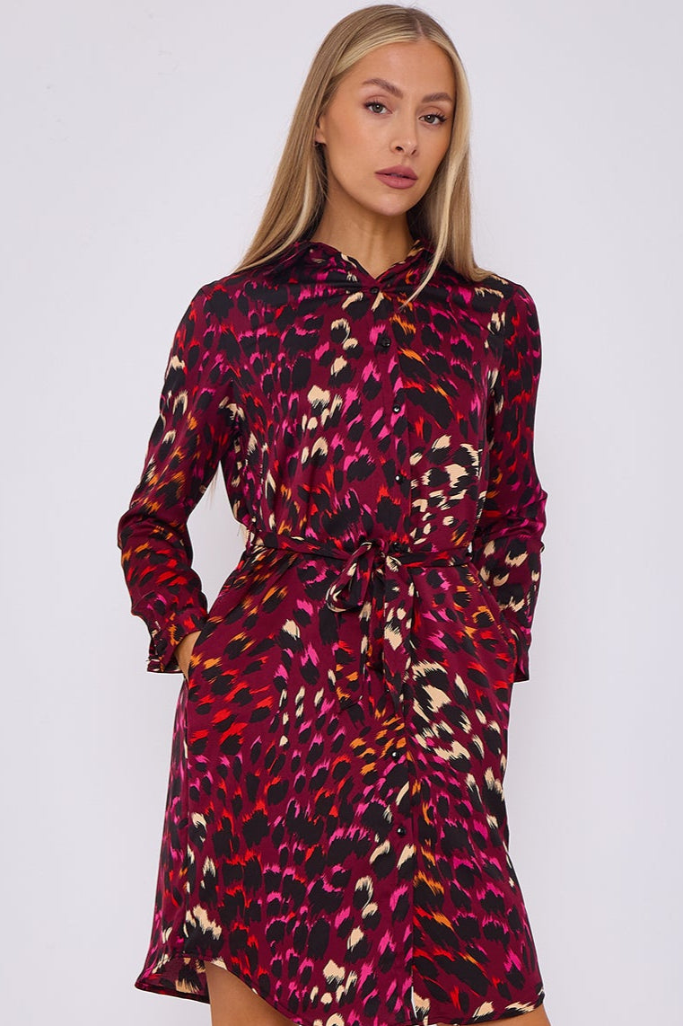 8Pcs Deep Fuchsia Leopard Print Bubble Satin Mini Shirt Dress