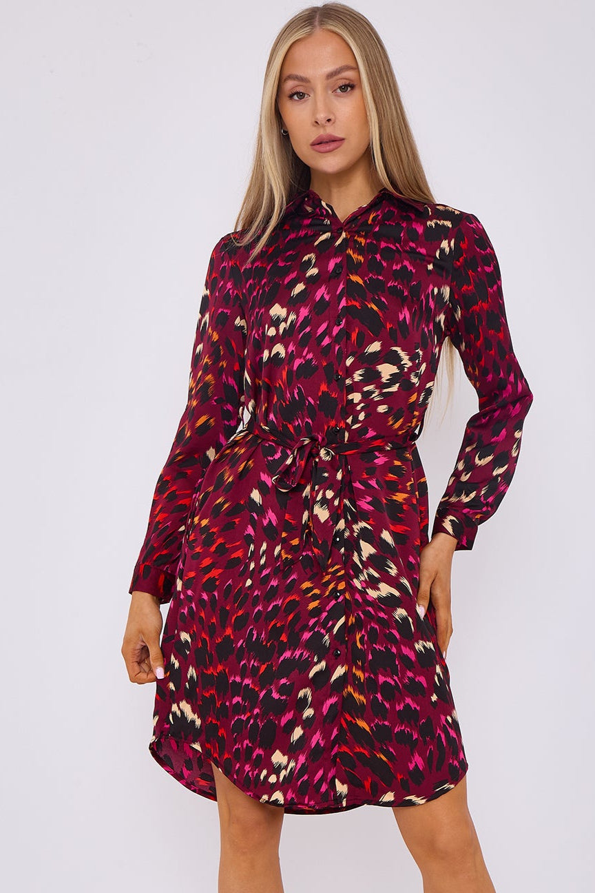 8Pcs Deep Fuchsia Leopard Print Bubble Satin Mini Shirt Dress