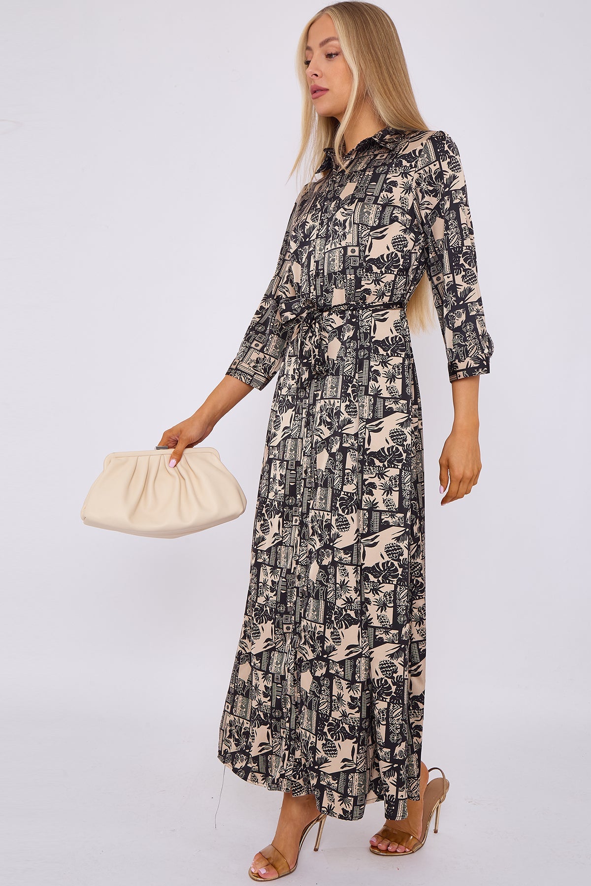 8Pcs Black Botanical Patchwork Print Satin Maxi Shirt Dress