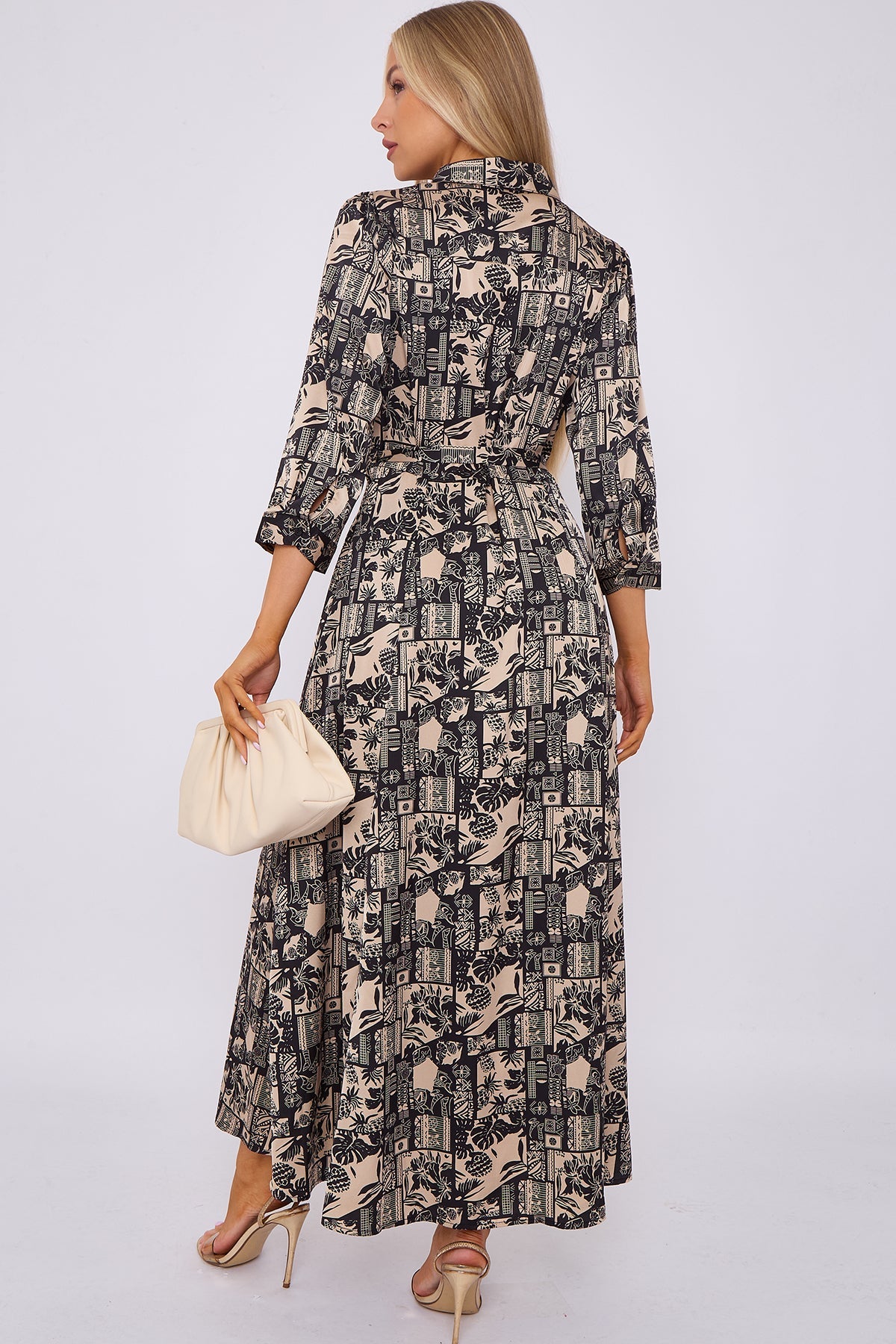 8Pcs Black Botanical Patchwork Print Satin Maxi Shirt Dress