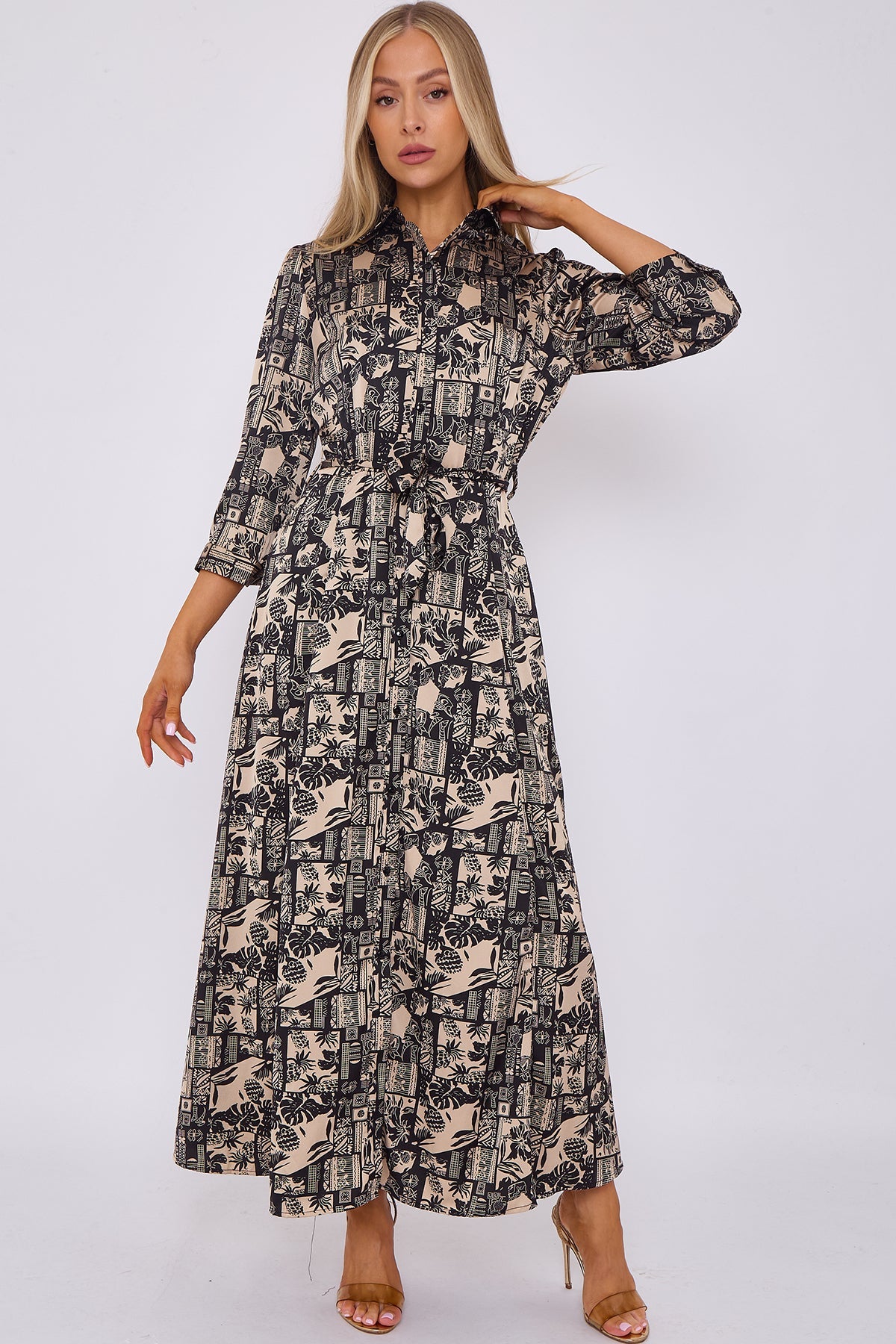 8Pcs Black Botanical Patchwork Print Satin Maxi Shirt Dress