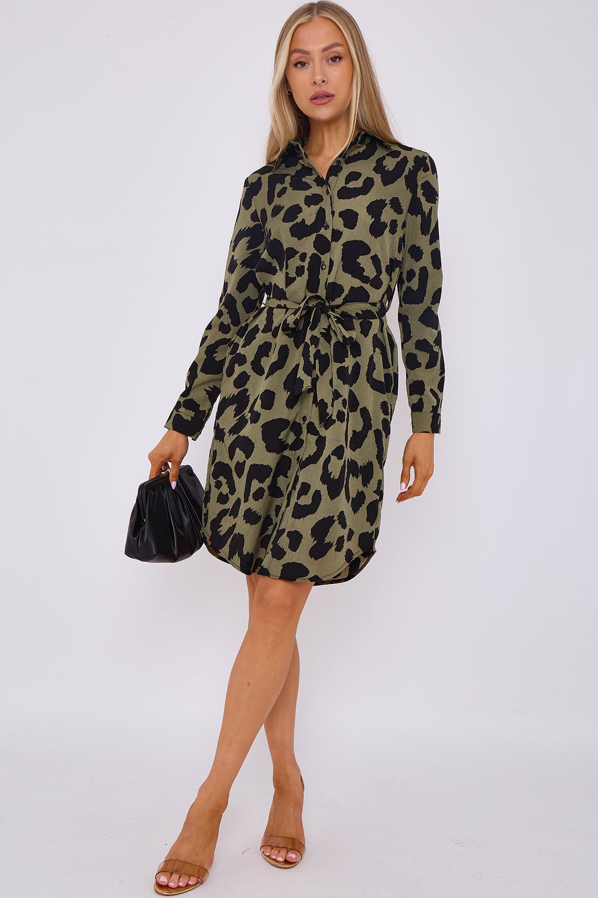 8Pcs Khaki Leopard Print Mini Shirt Dress