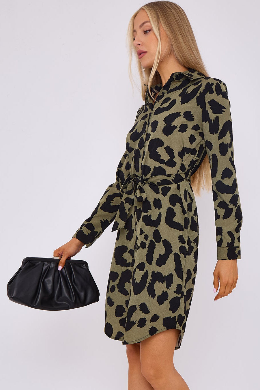 8Pcs Khaki Leopard Print Mini Shirt Dress