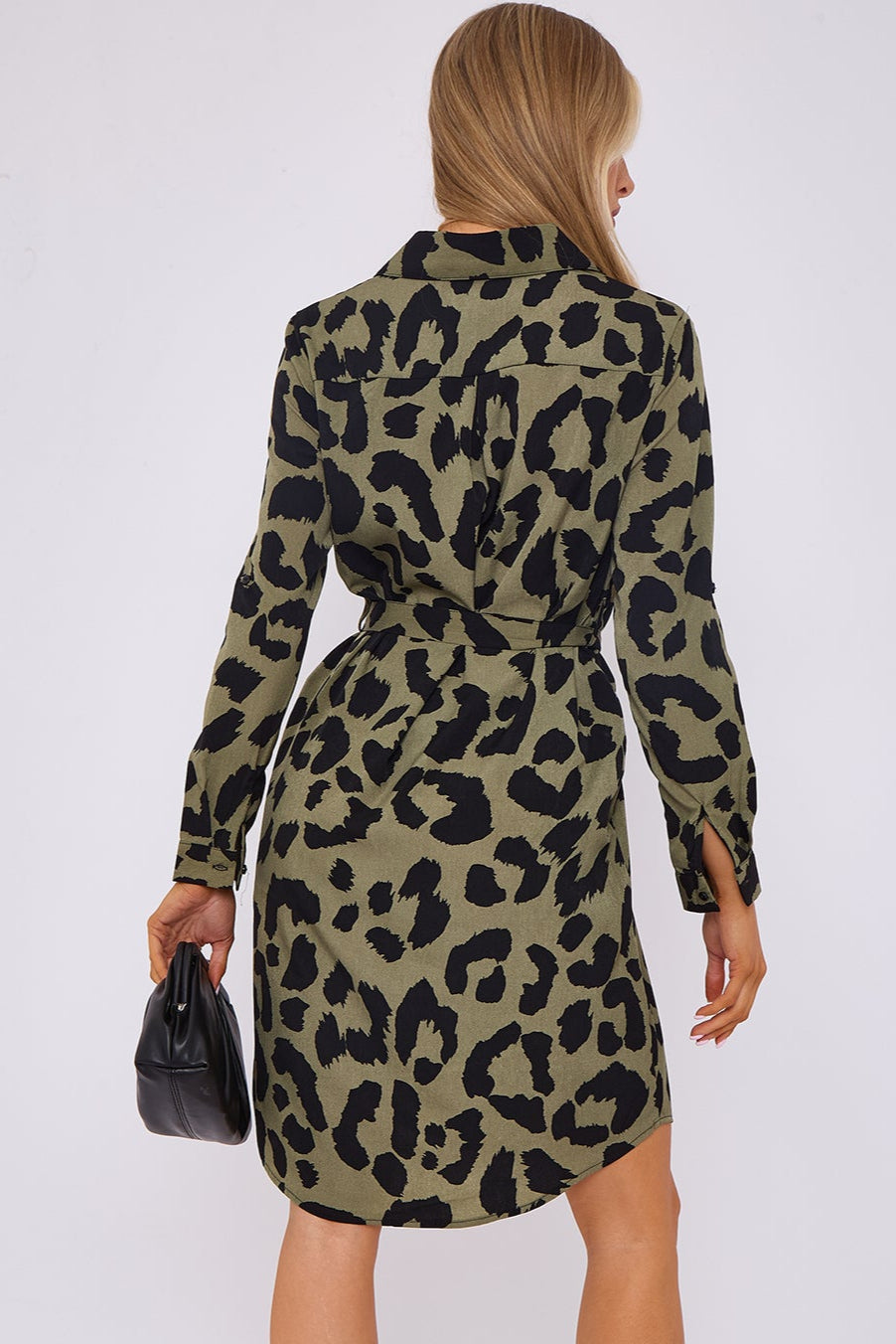 8Pcs Khaki Leopard Print Mini Shirt Dress