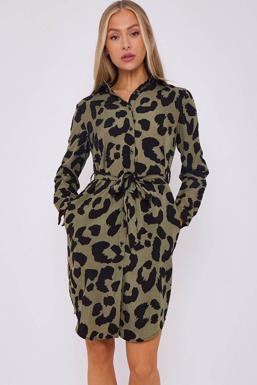 8Pcs Khaki Leopard Print Mini Shirt Dress
