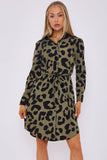 8Pcs Khaki Leopard Print Mini Shirt Dress