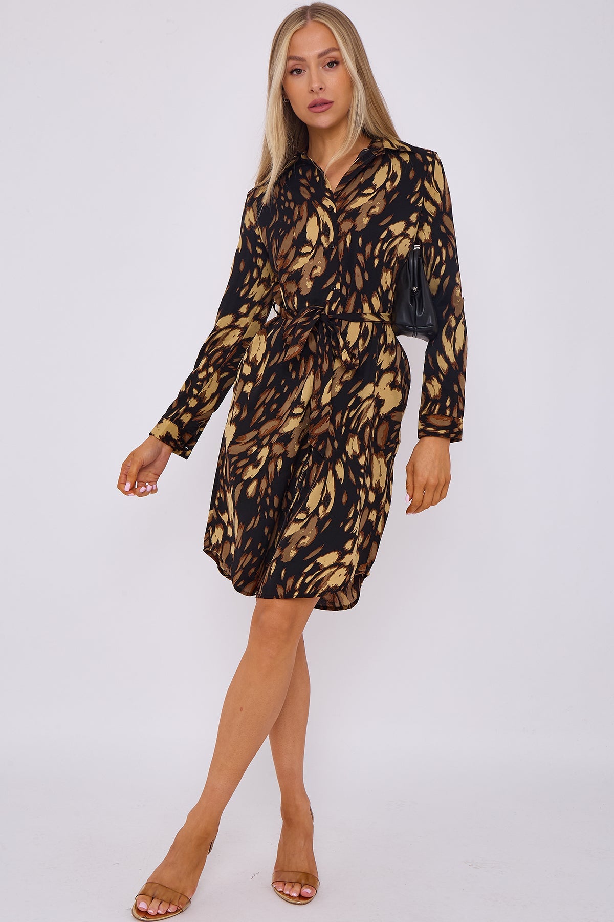 8Pcs Black Leopard Print Belted Mini Shirt Dress