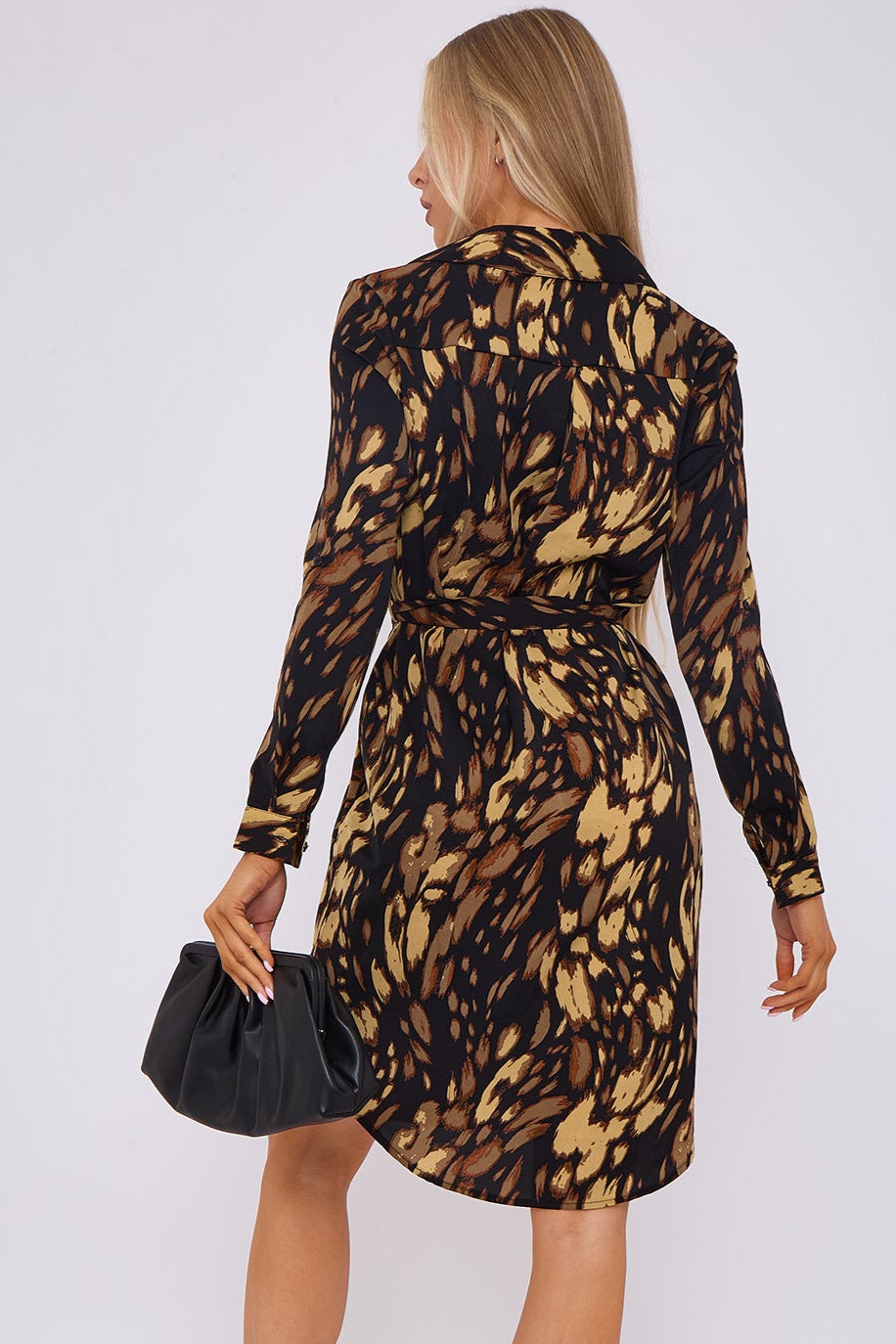 8Pcs Black Leopard Print Belted Mini Shirt Dress