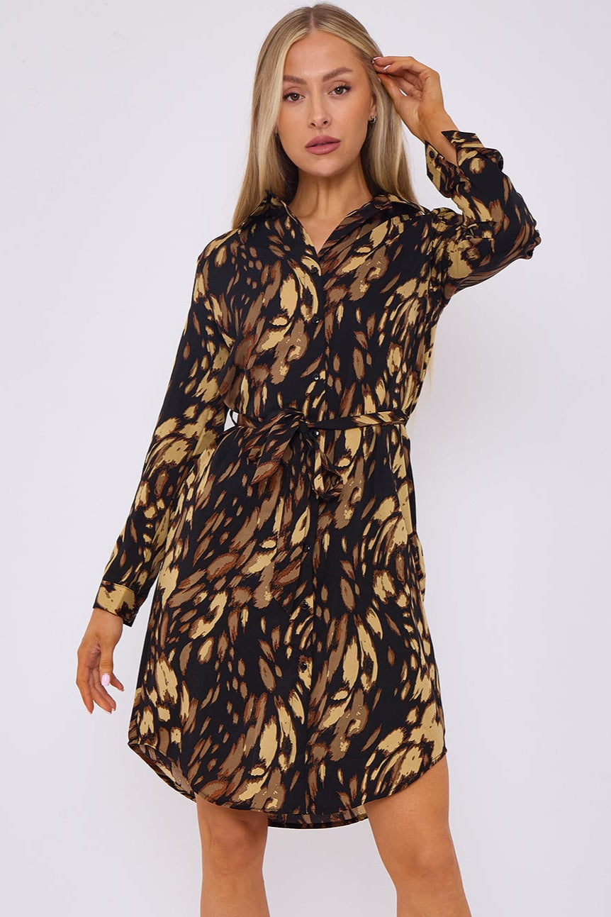 8Pcs Black Leopard Print Belted Mini Shirt Dress