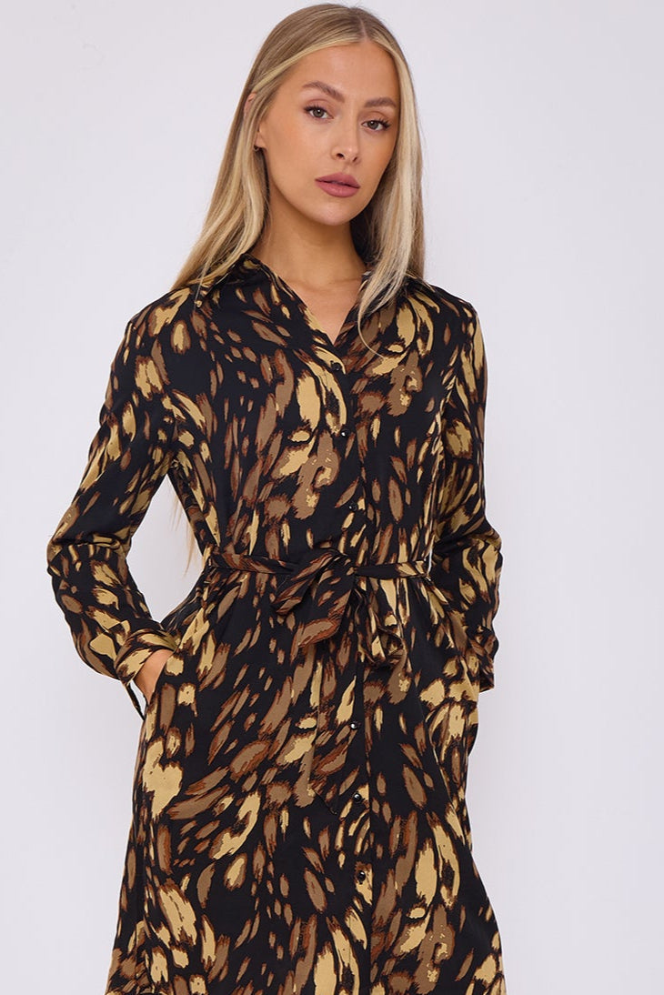 8Pcs Black Leopard Print Belted Mini Shirt Dress