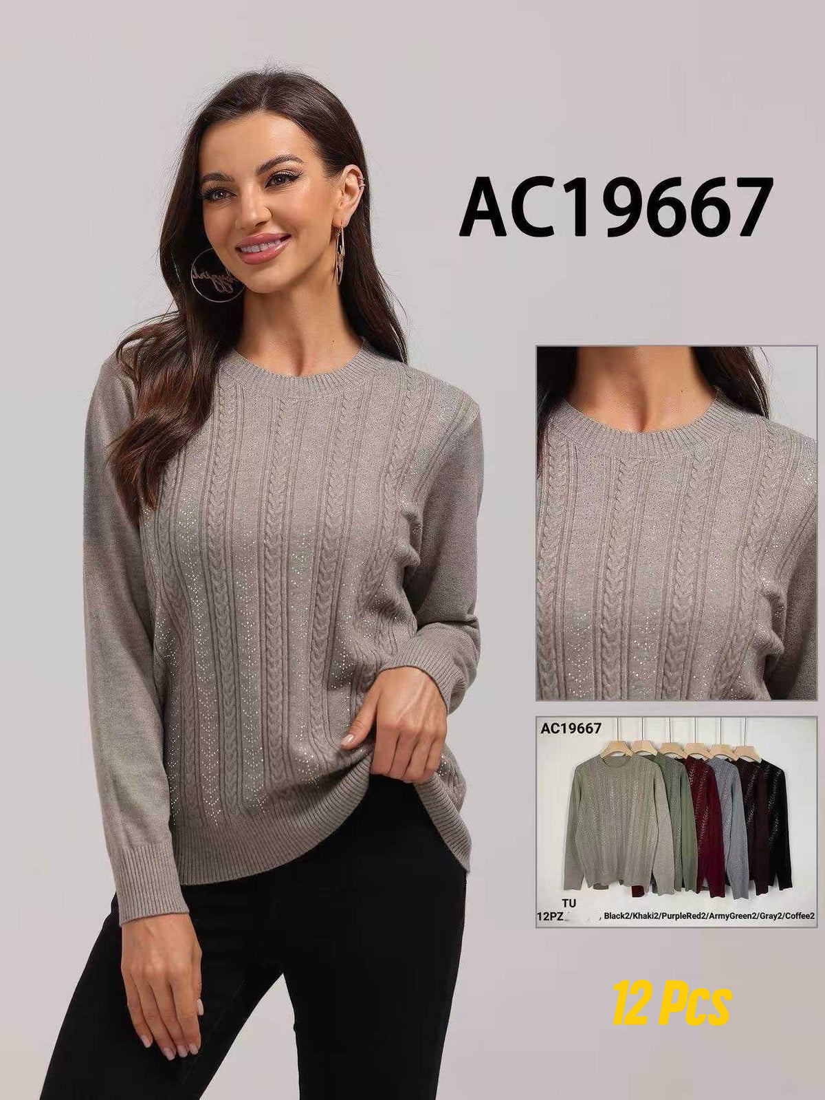 12Pcs Shimmer Cable-Knit Round-Neck Sweater-AC19667