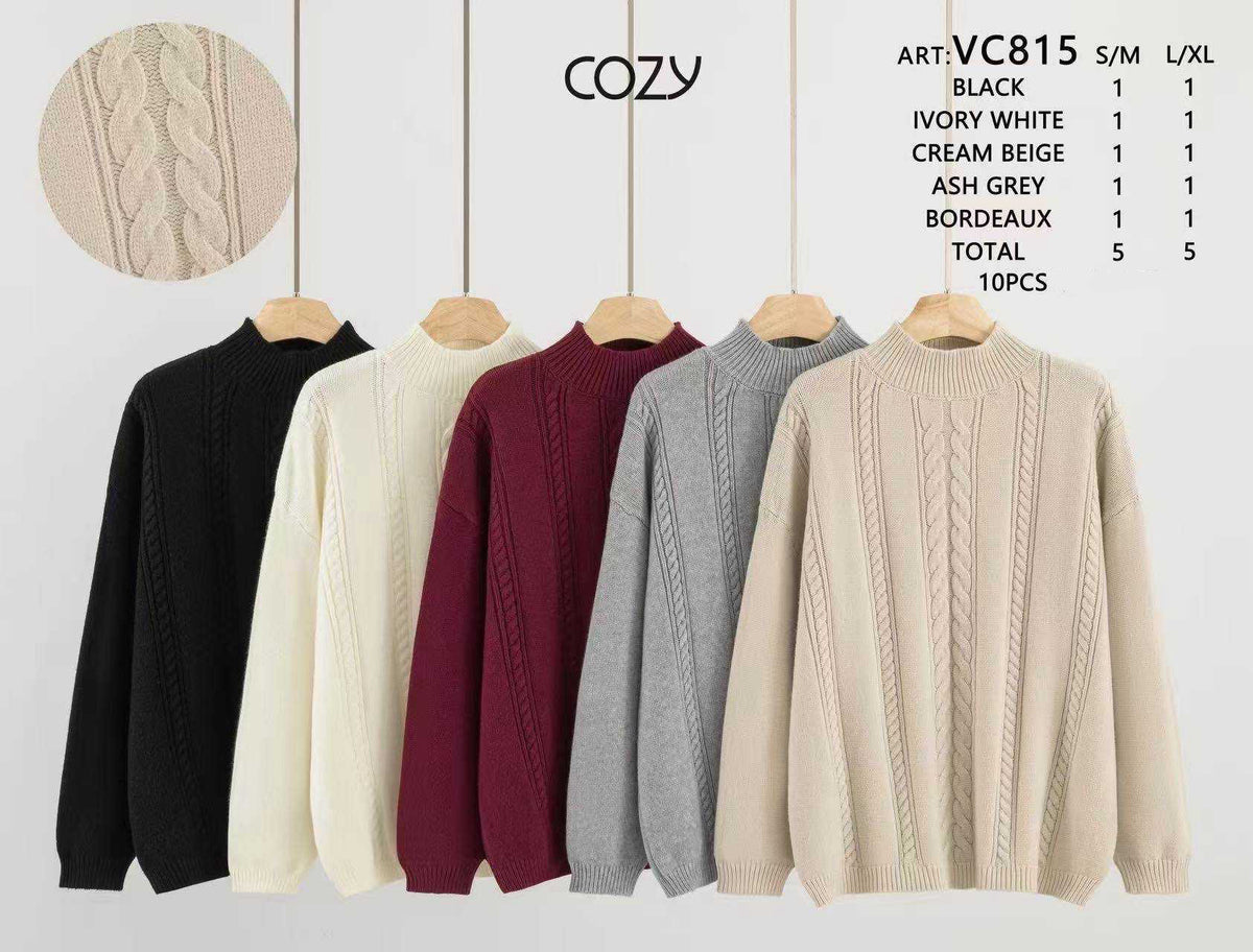 10Pcs Cozy Cable-Knit High-Neck Sweater-VC815