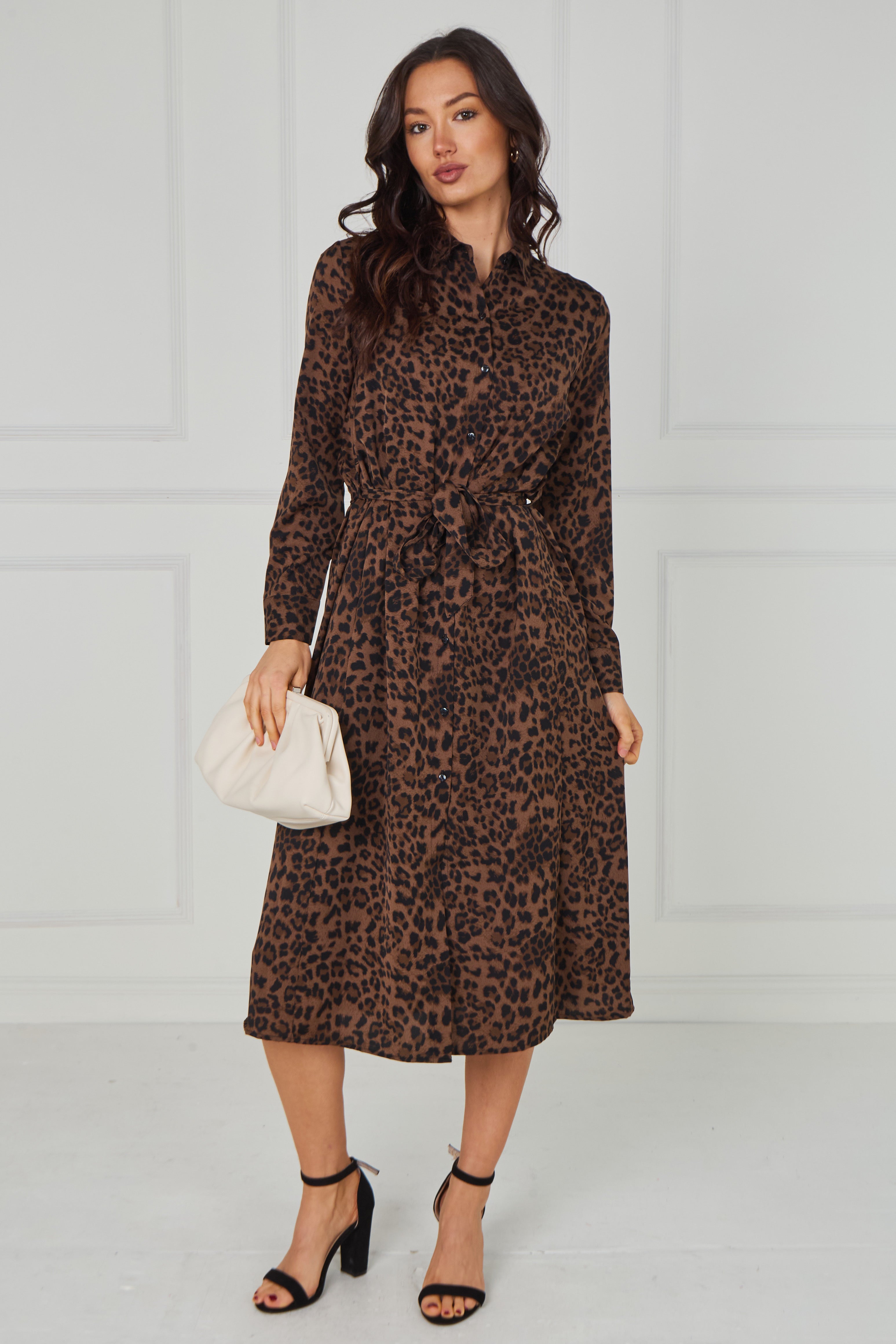 8pcs Brown Leopard Print Tie-Waist Button Midi Shirt Dress