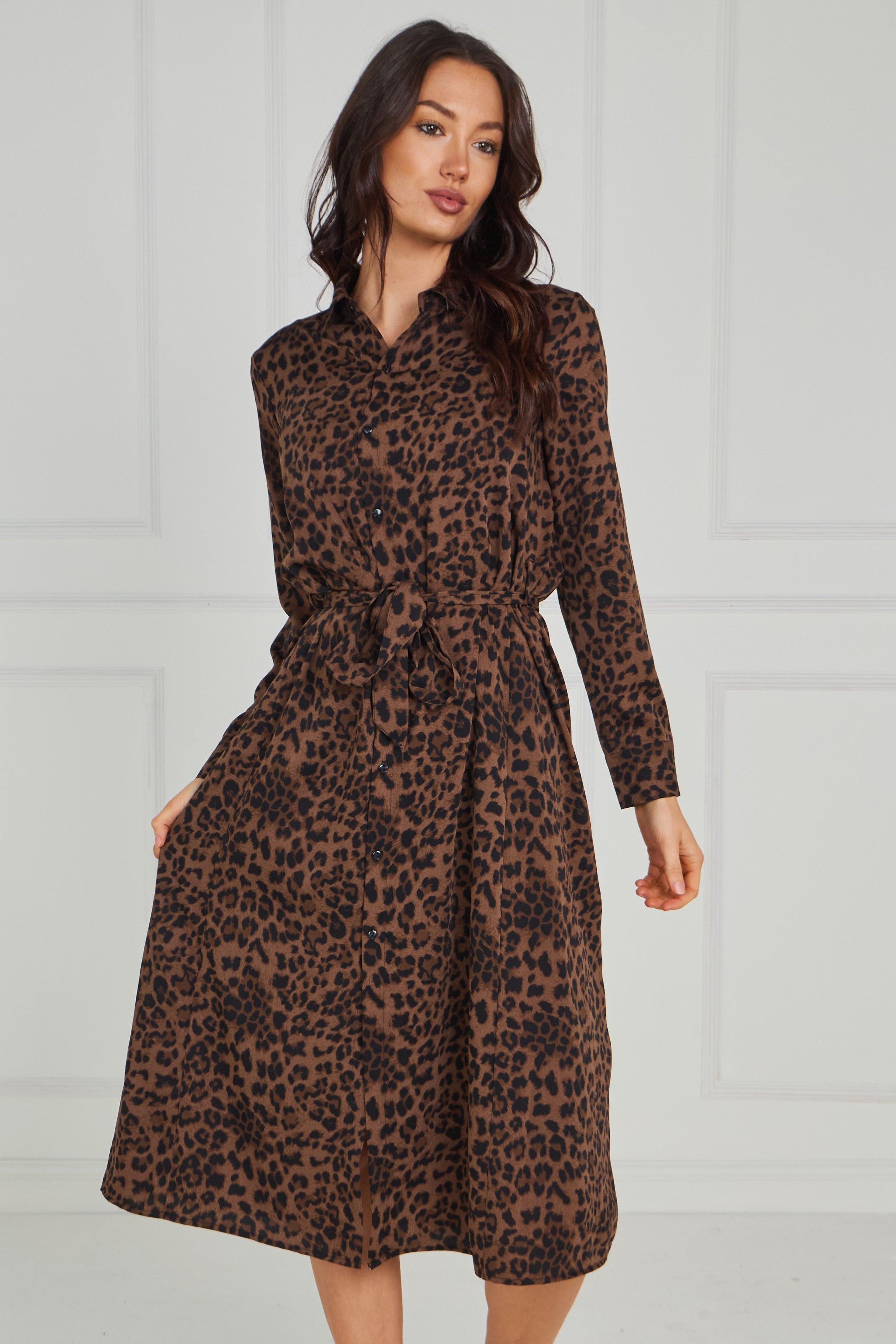 8pcs Brown Leopard Print Tie-Waist Button Midi Shirt Dress