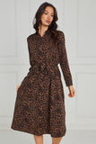 8pcs Brown Leopard Print Tie-Waist Button Midi Shirt Dress
