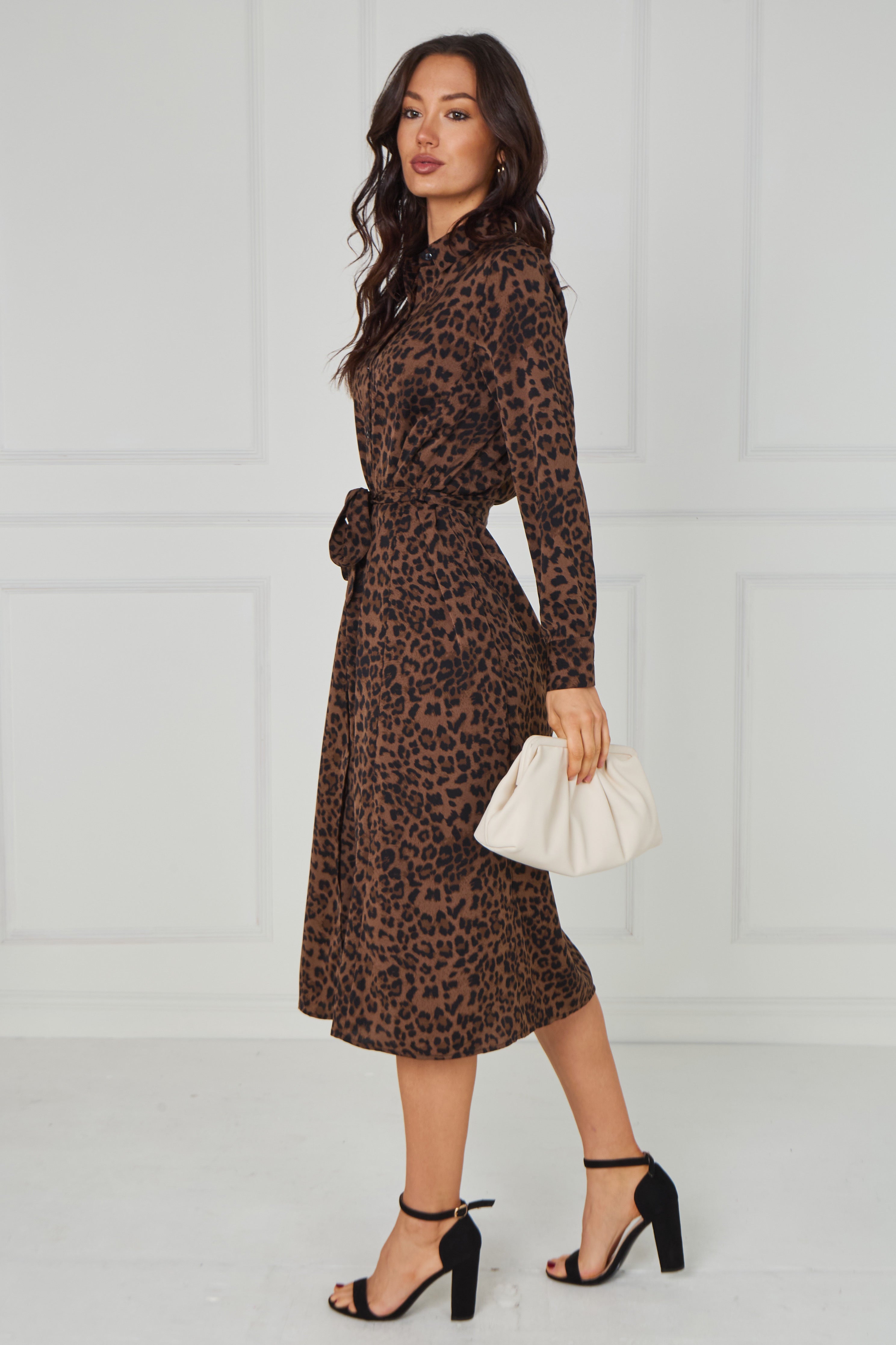 8pcs Brown Leopard Print Tie-Waist Button Midi Shirt Dress