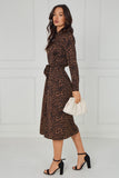 8pcs Brown Leopard Print Tie-Waist Button Midi Shirt Dress