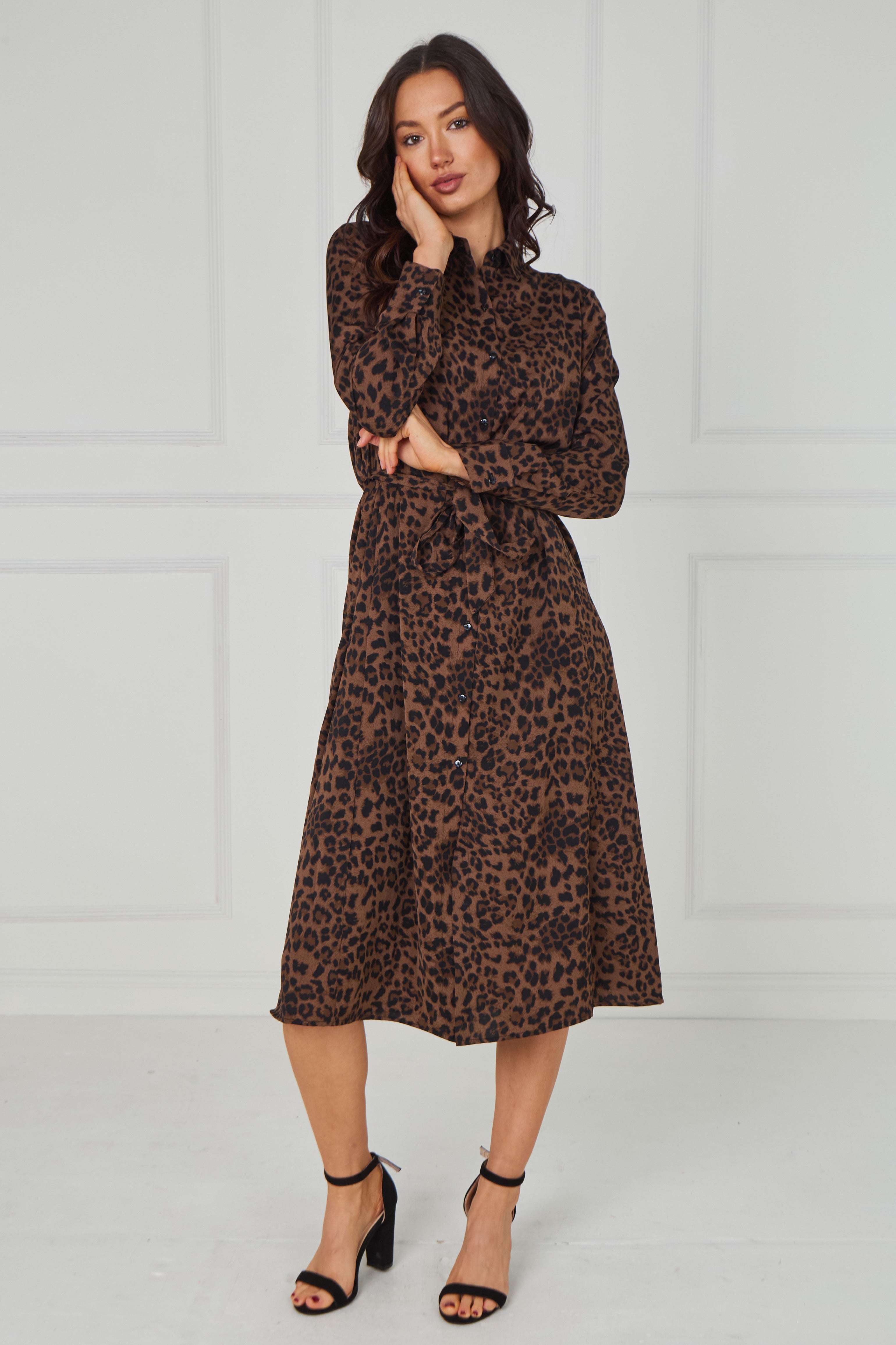 8pcs Brown Leopard Print Tie-Waist Button Midi Shirt Dress