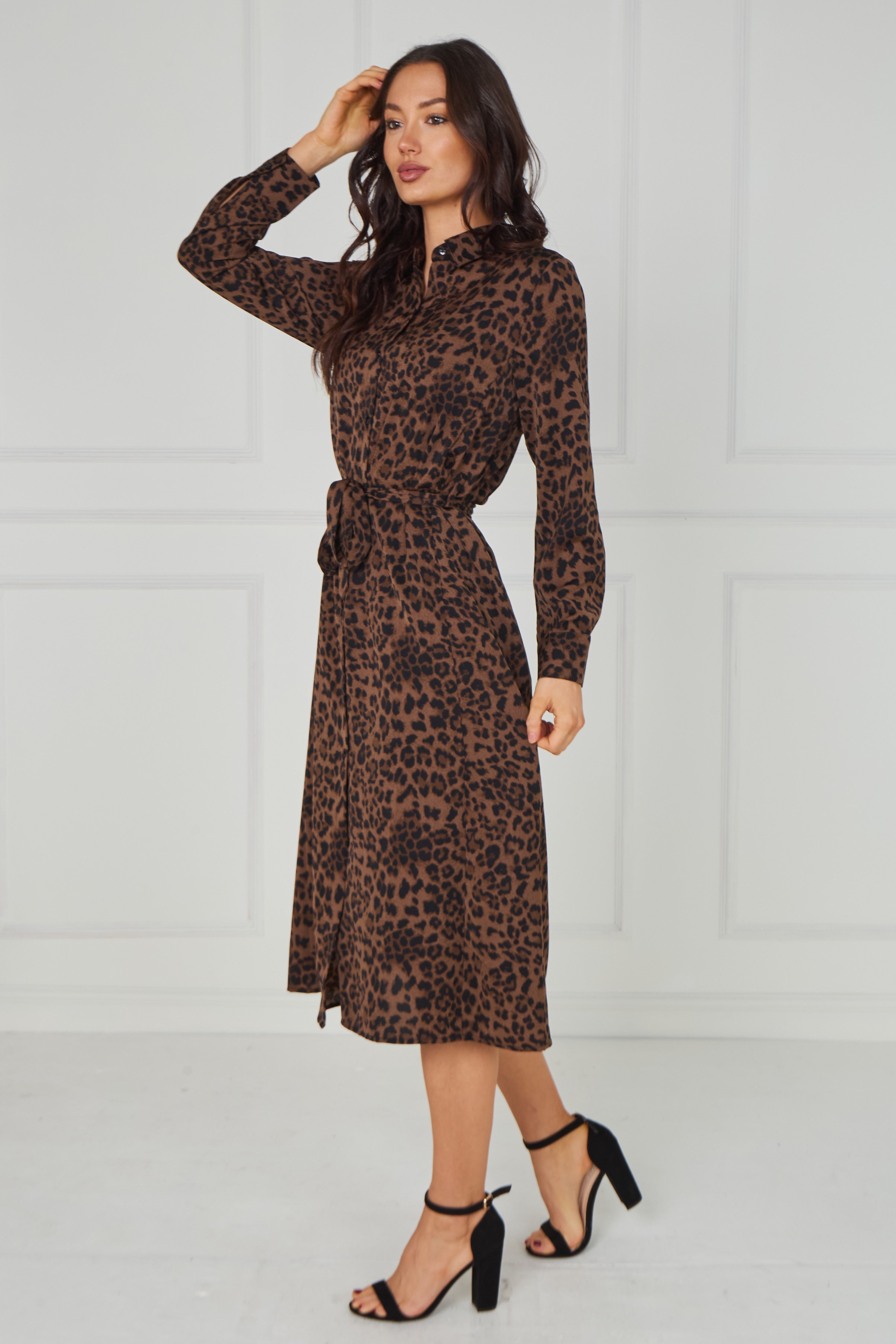 8pcs Brown Leopard Print Tie-Waist Button Midi Shirt Dress