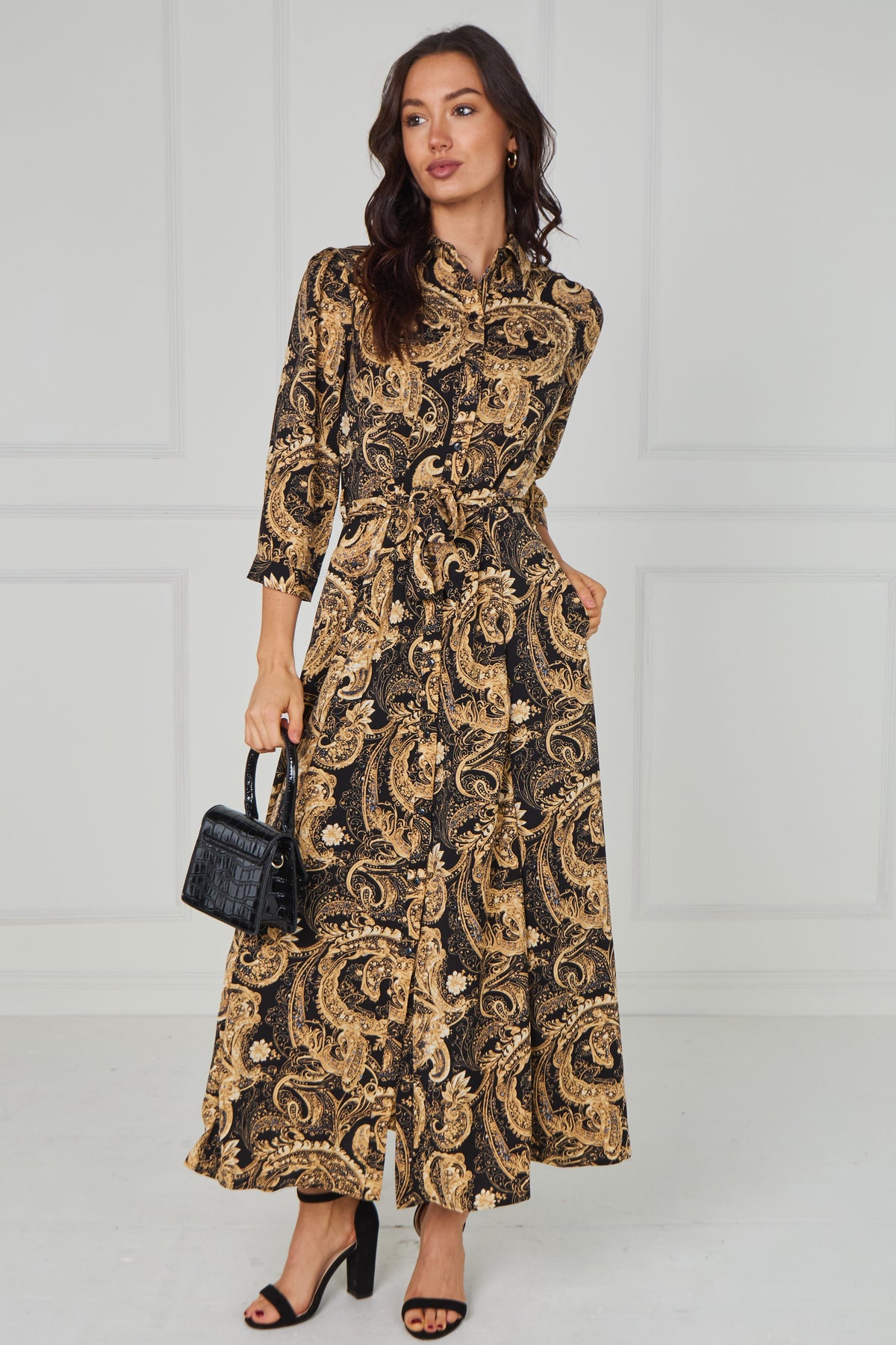 8Pcs Gold Ornate Print Belted Midaxi Shirt Dress