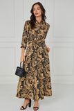 8Pcs Gold Ornate Print Belted Midaxi Shirt Dress