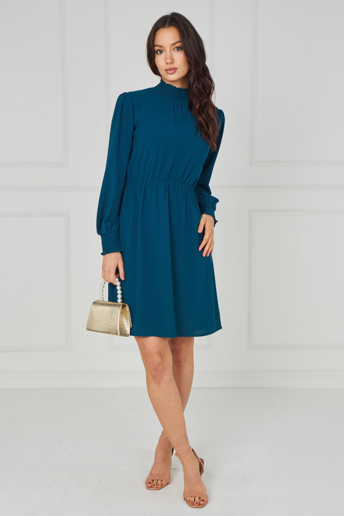 6Pcs Teal Shirred Neck Long Sleeve Dress