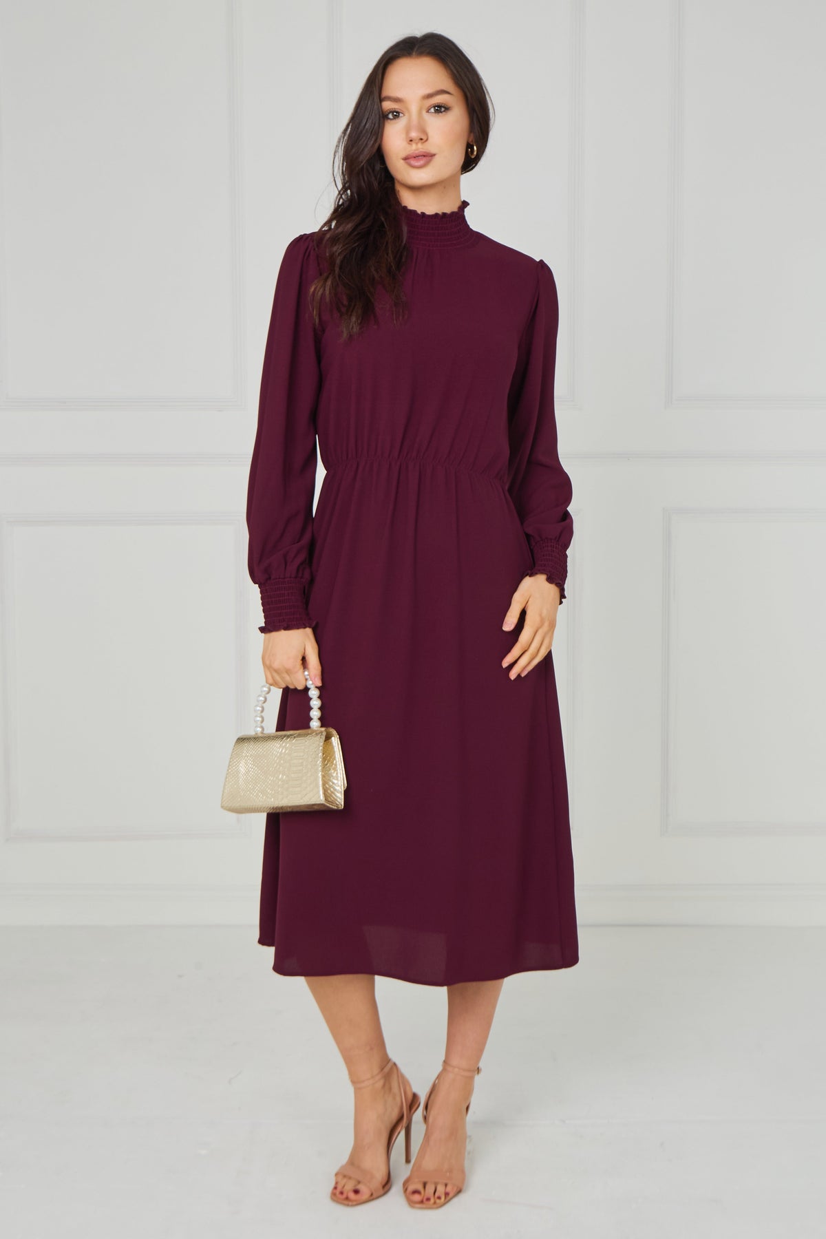 6Pcs Merlot Shirred High Neck Midaxi Dress