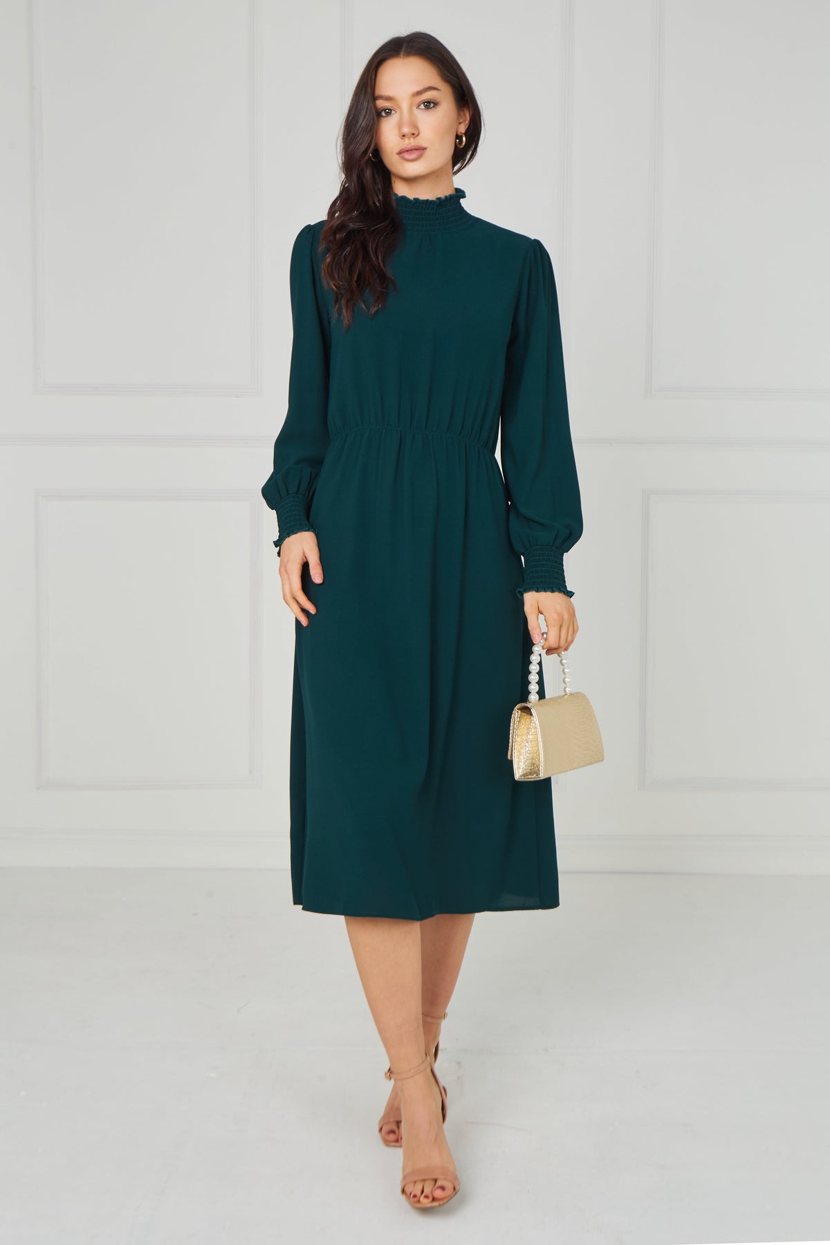6Pcs Emerald Green Shirred High Neck Midaxi Dress