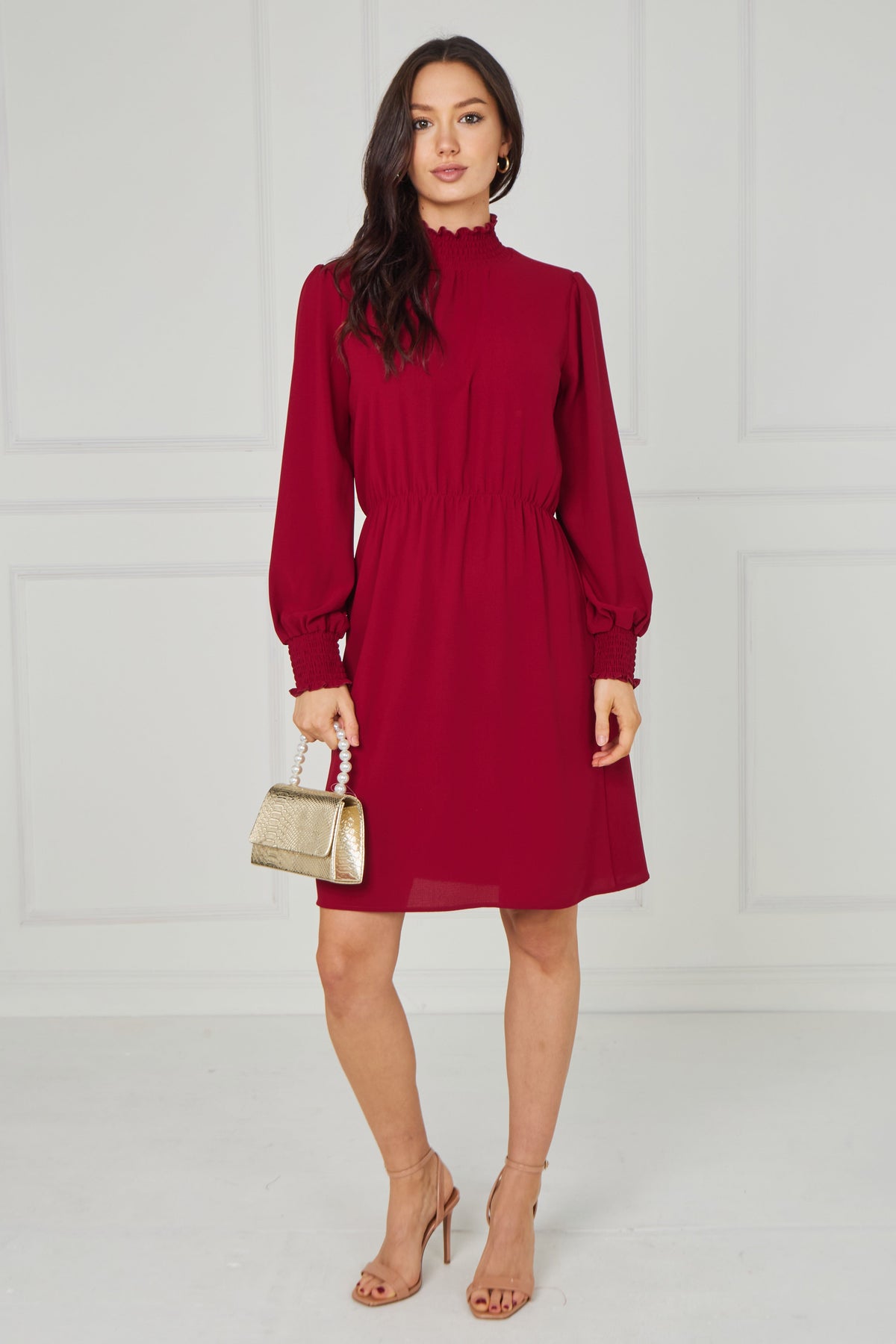 6Pcs Red Shirred Neck Long Sleeve Dress